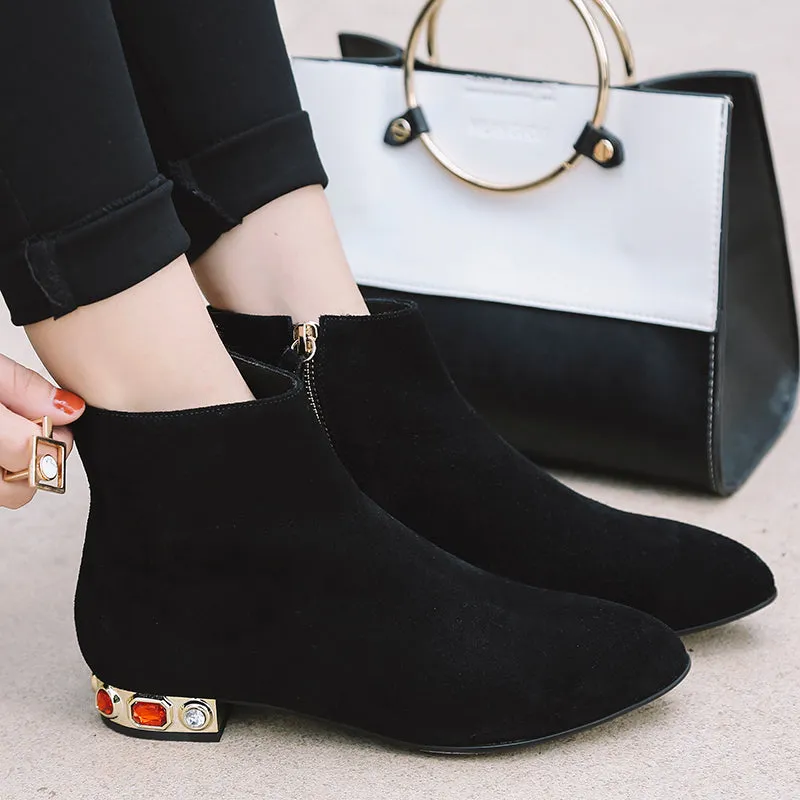 ankle square heels leisure crystals booties