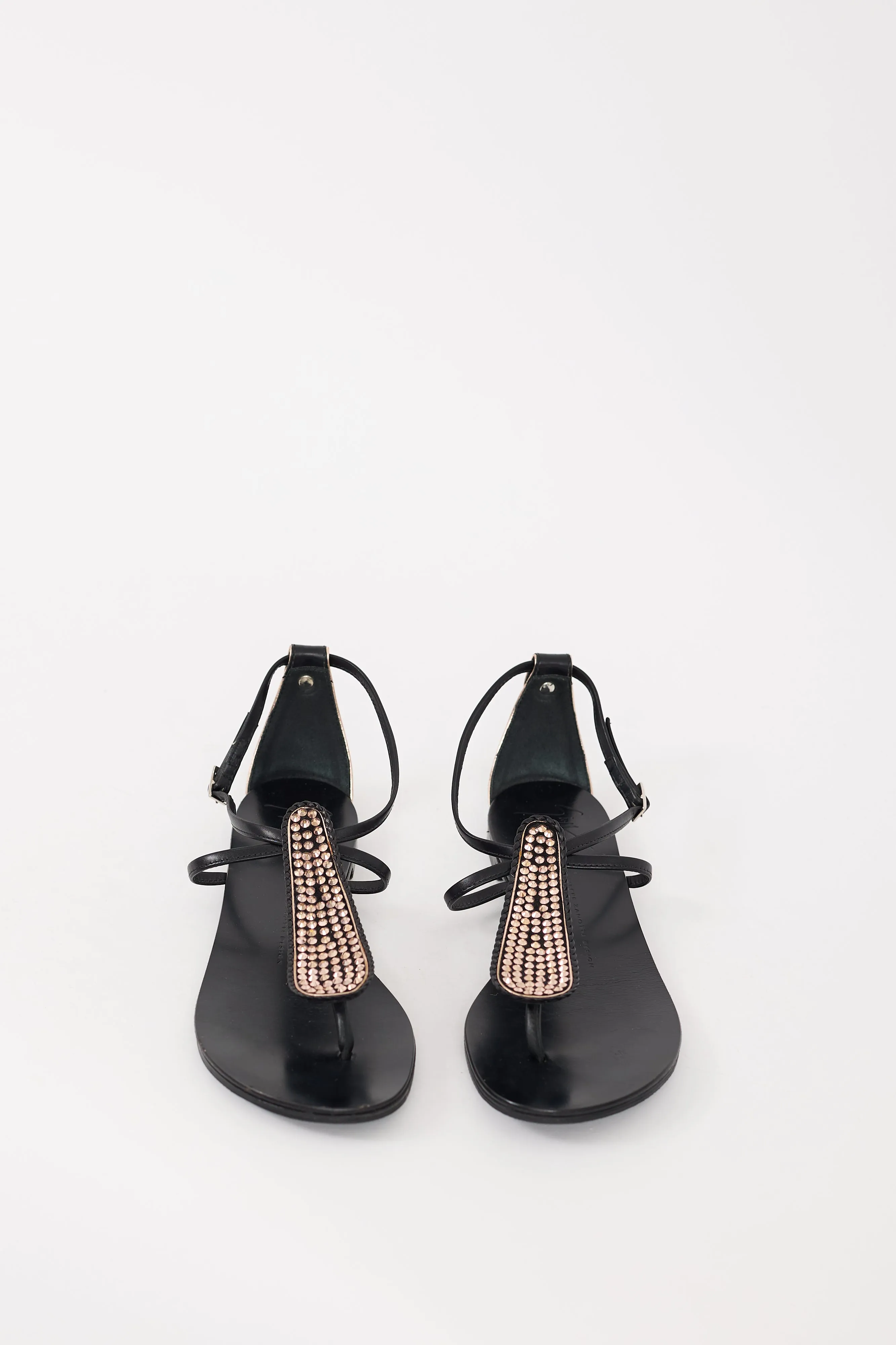Black & Pink Leather Gemstone Embellished Sandal