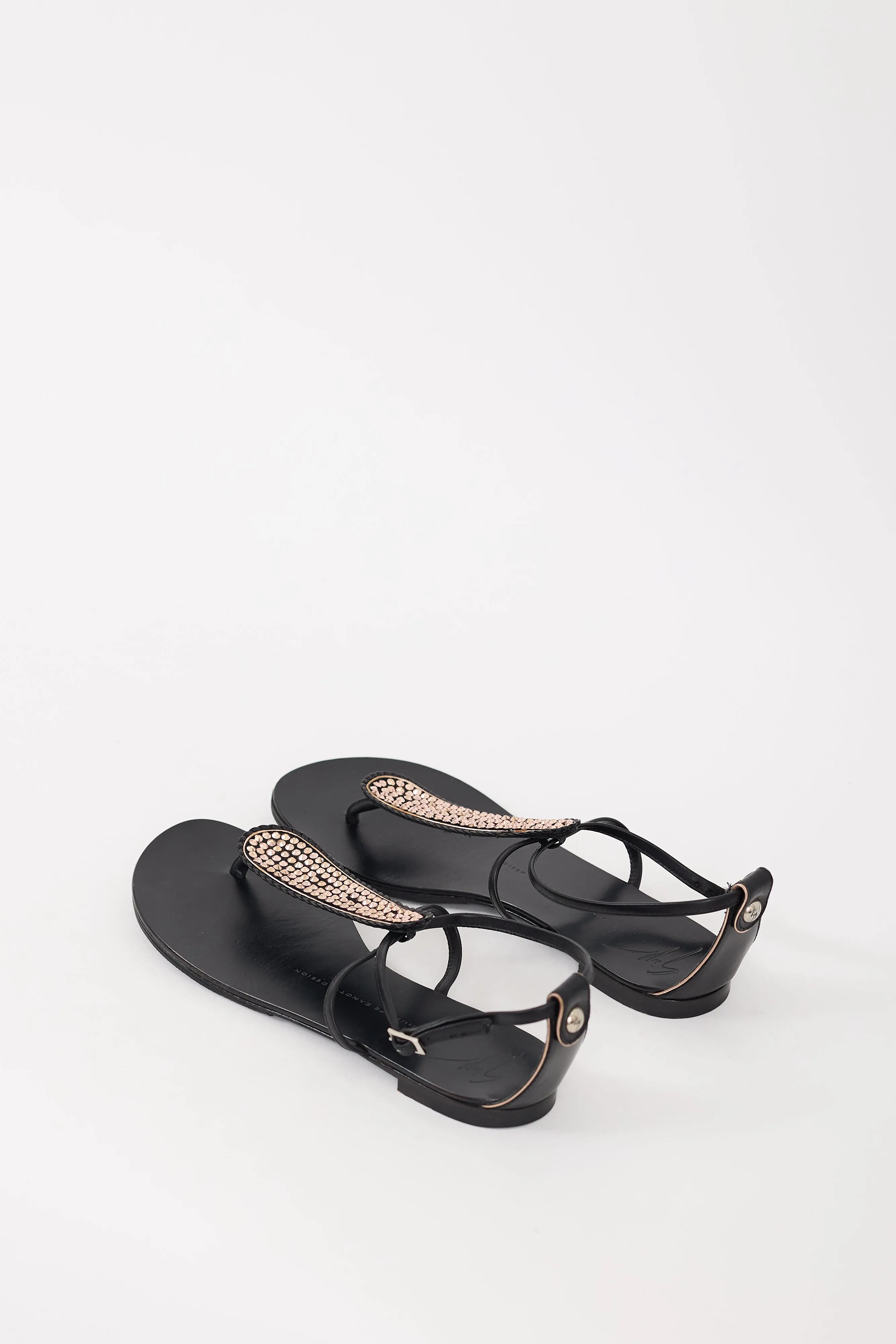 Black & Pink Leather Gemstone Embellished Sandal
