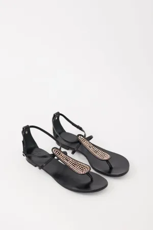 Black & Pink Leather Gemstone Embellished Sandal