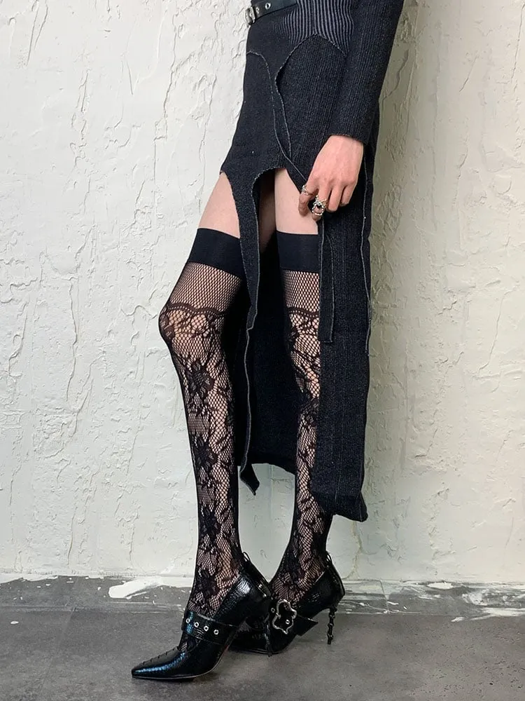 Black Hollow-out Floral Pattern Overknee Stockings