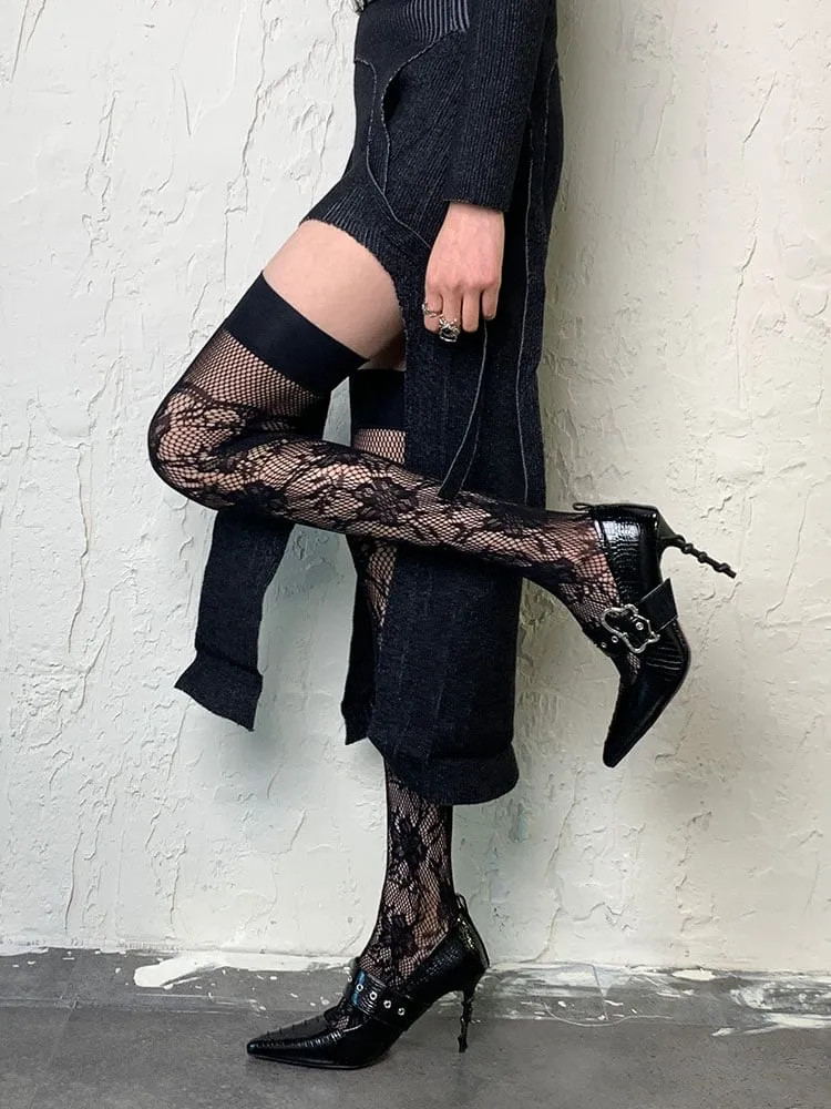Black Hollow-out Floral Pattern Overknee Stockings