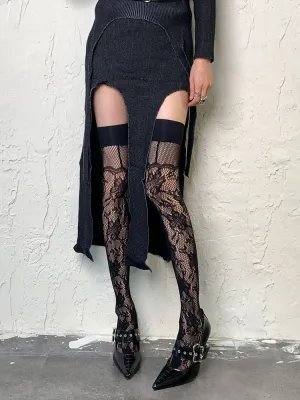 Black Hollow-out Floral Pattern Overknee Stockings