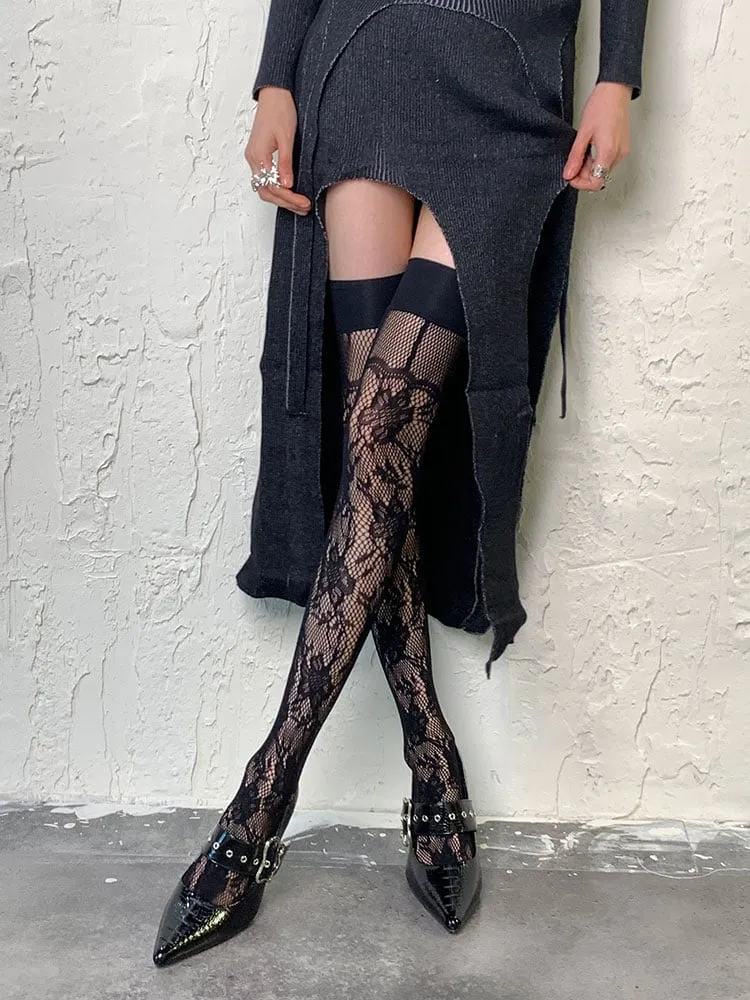 Black Hollow-out Floral Pattern Overknee Stockings