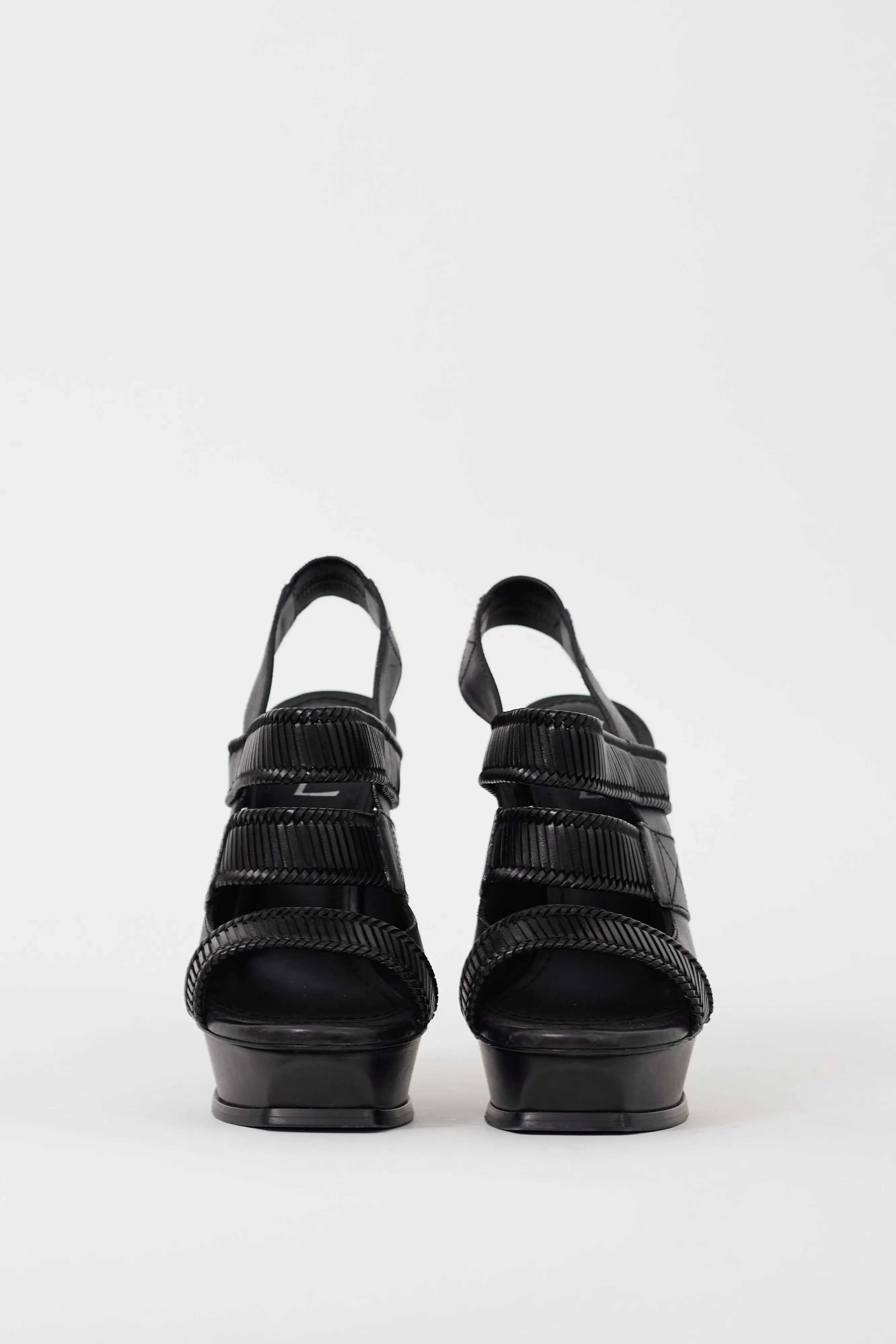 Black Leather Woven Platform Heel