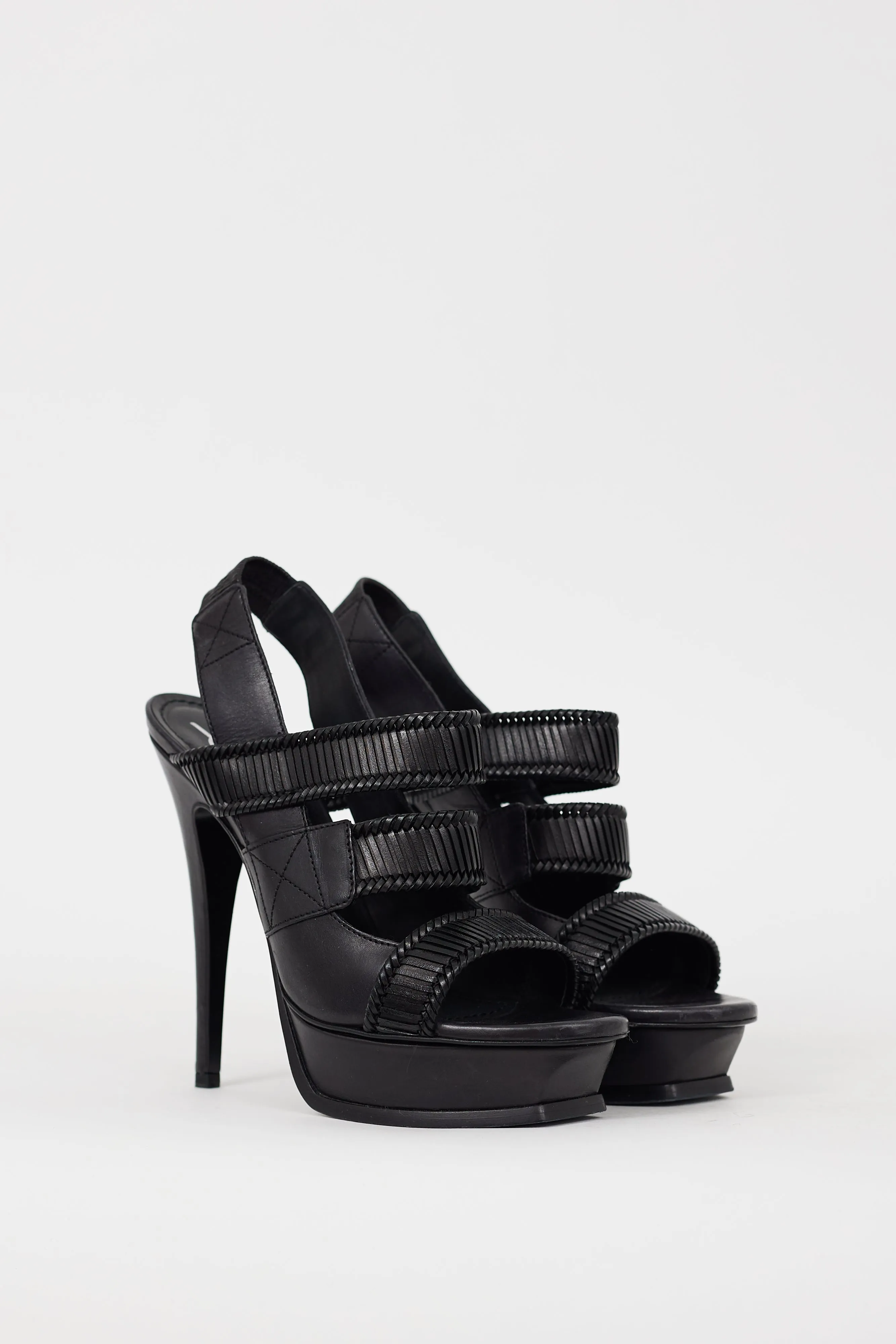 Black Leather Woven Platform Heel