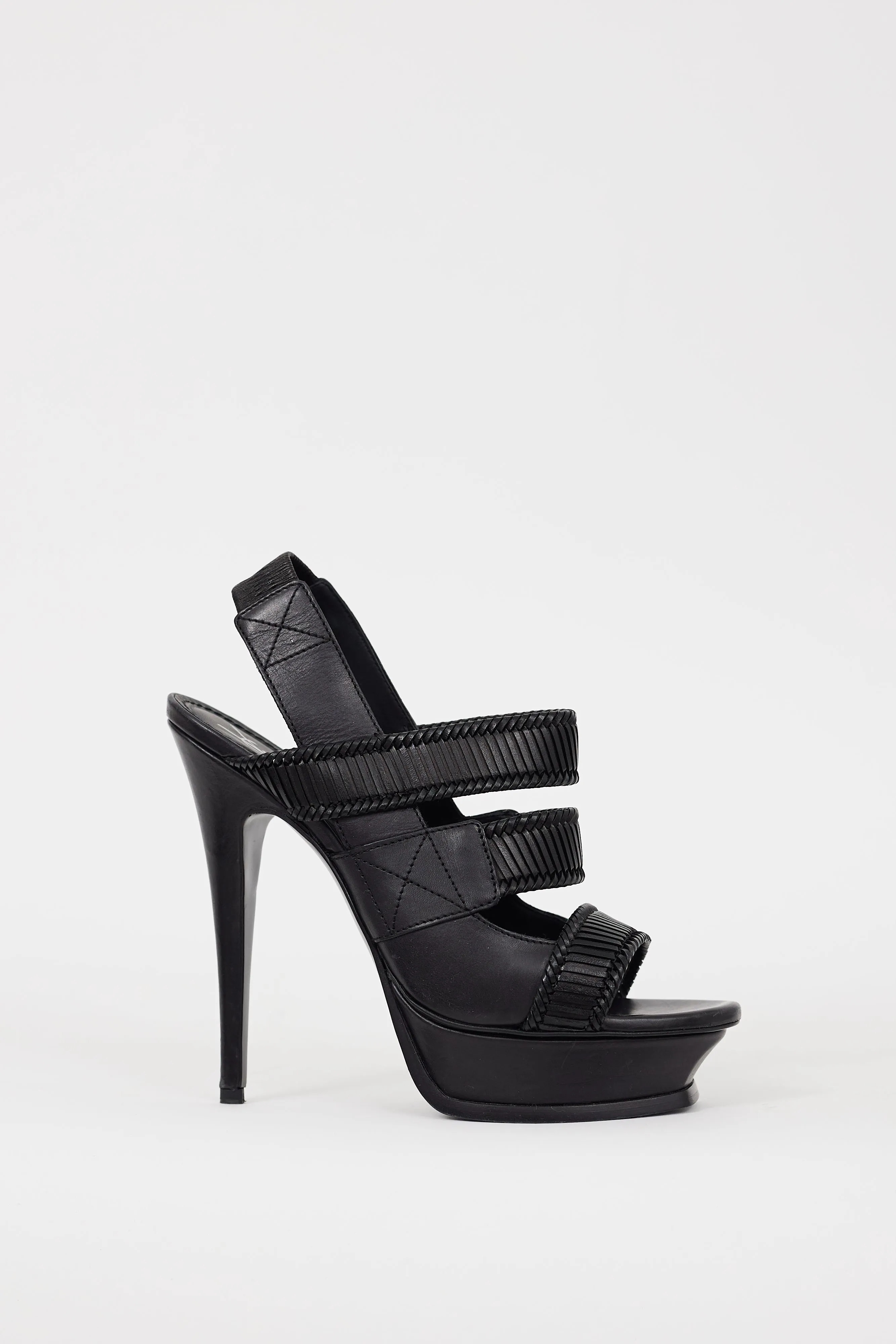 Black Leather Woven Platform Heel