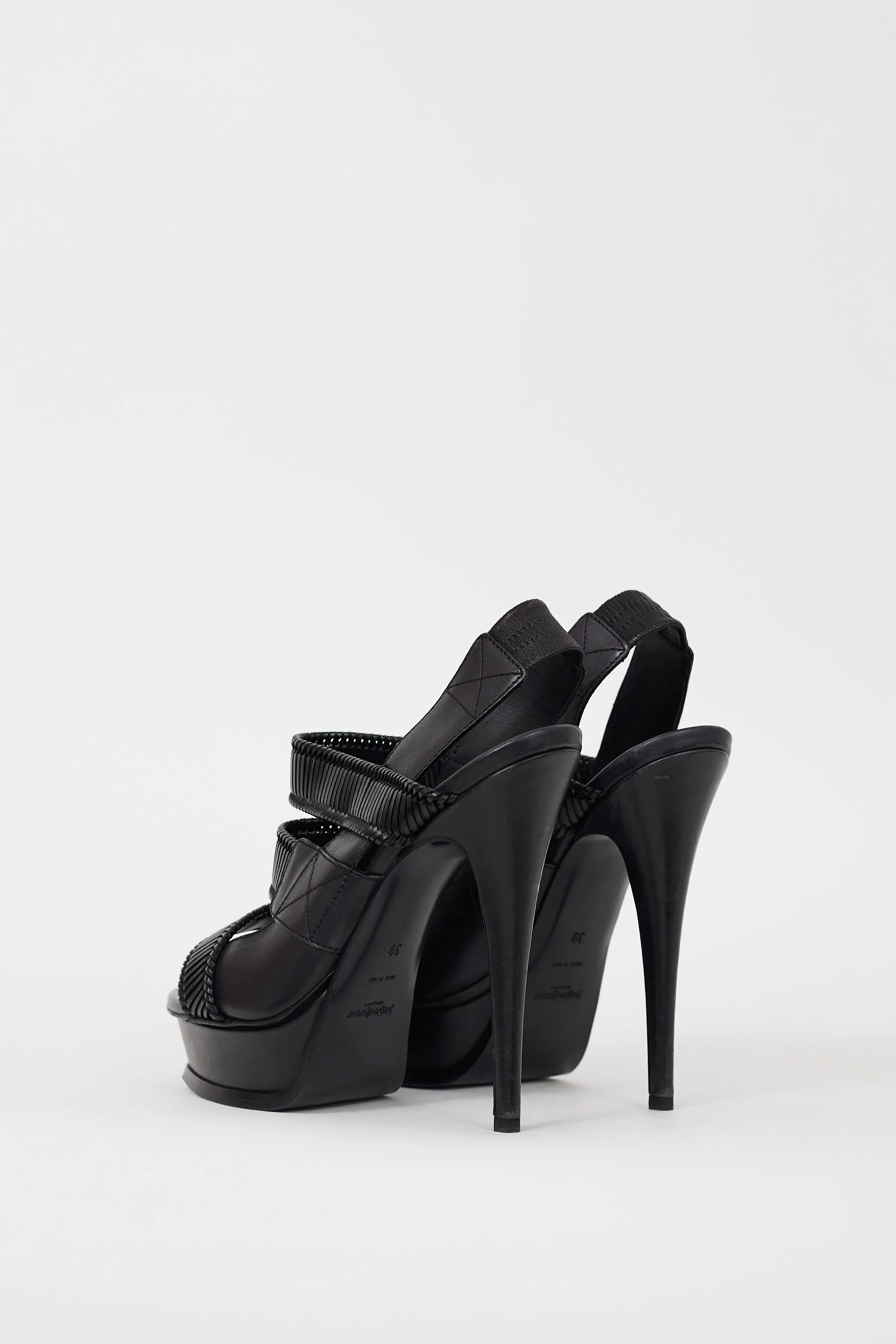 Black Leather Woven Platform Heel