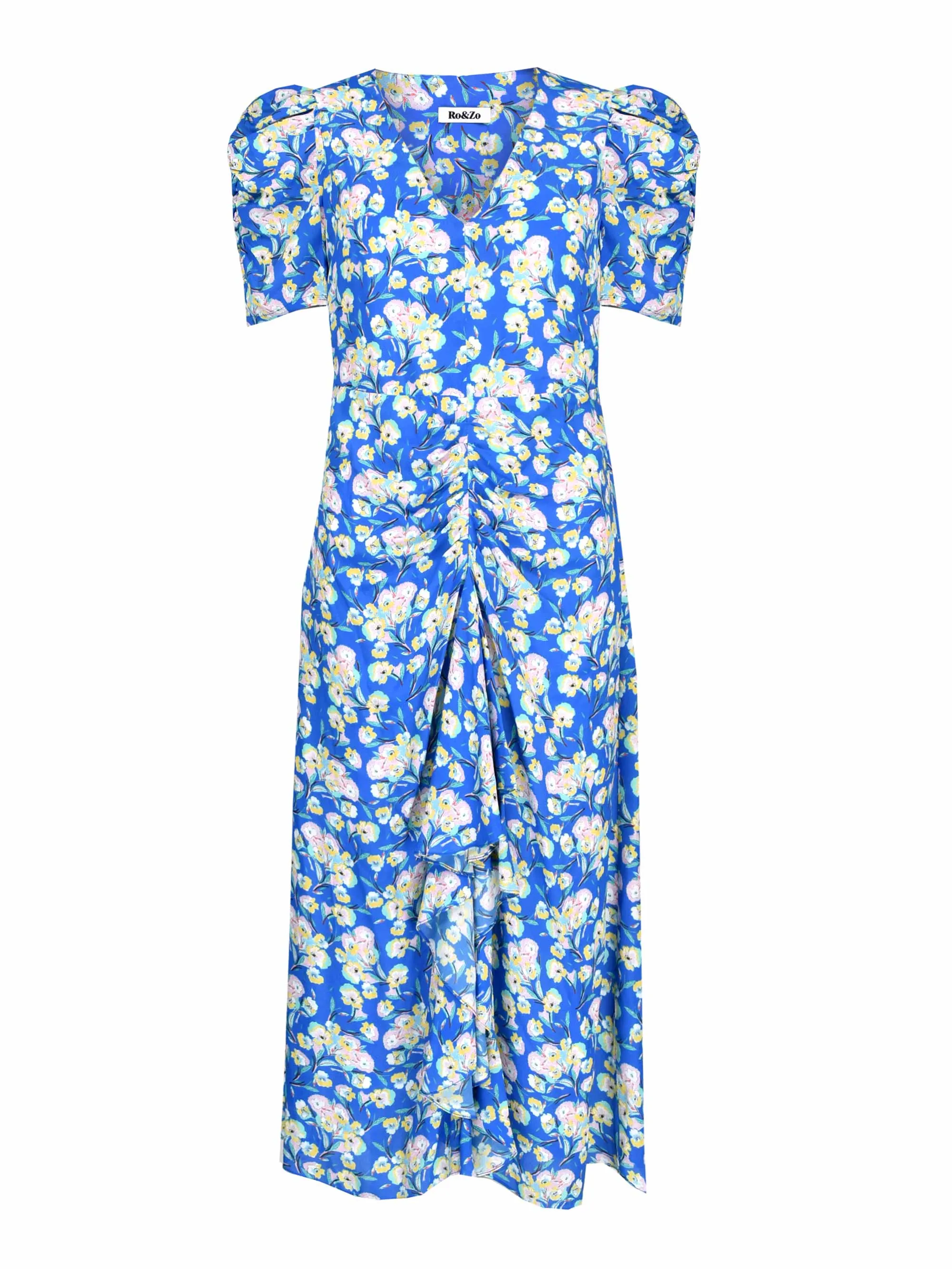 Blue Floral Ruffle Front Midi Dress