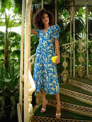 Blue Floral Ruffle Front Midi Dress