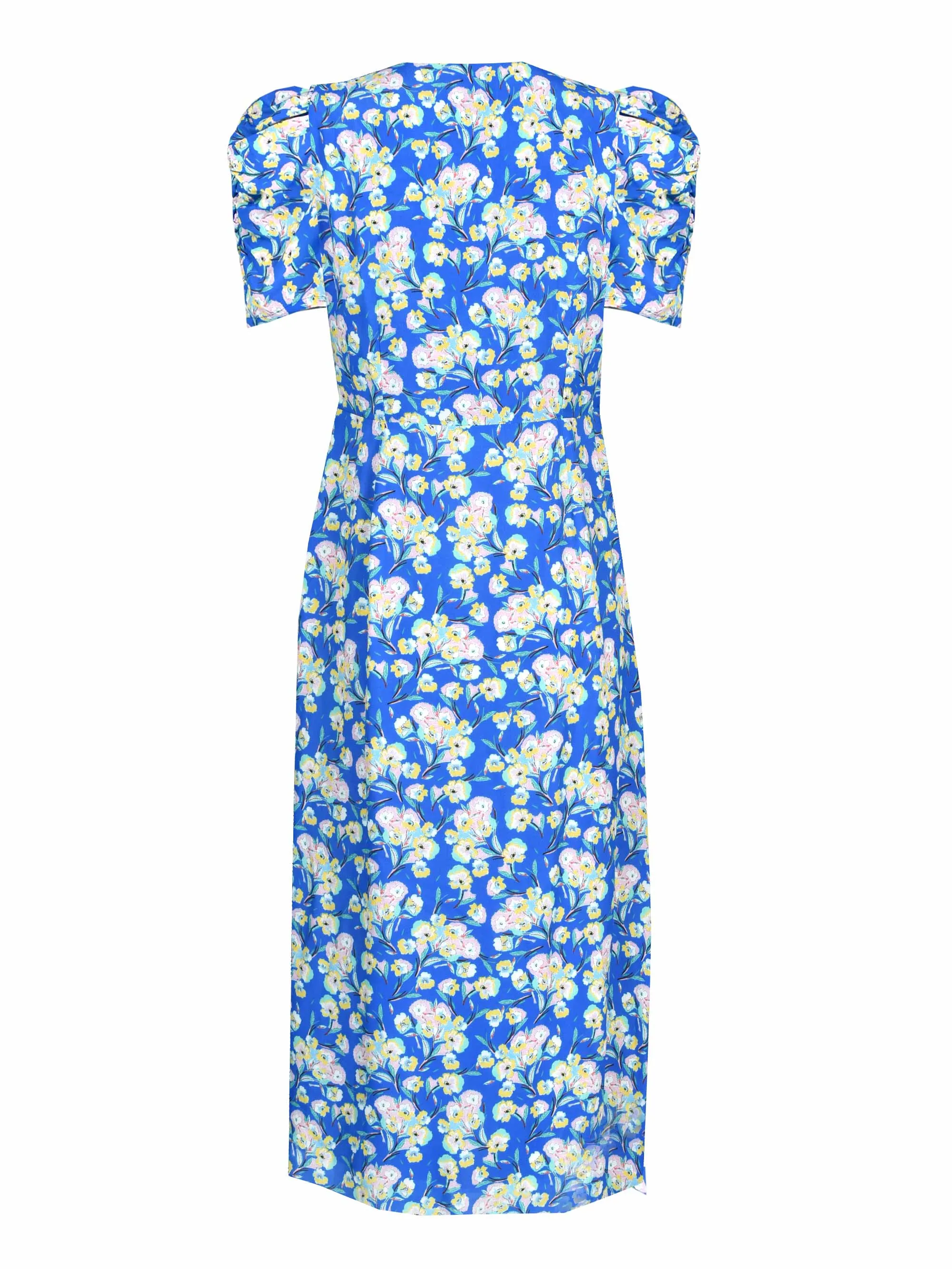 Blue Floral Ruffle Front Midi Dress