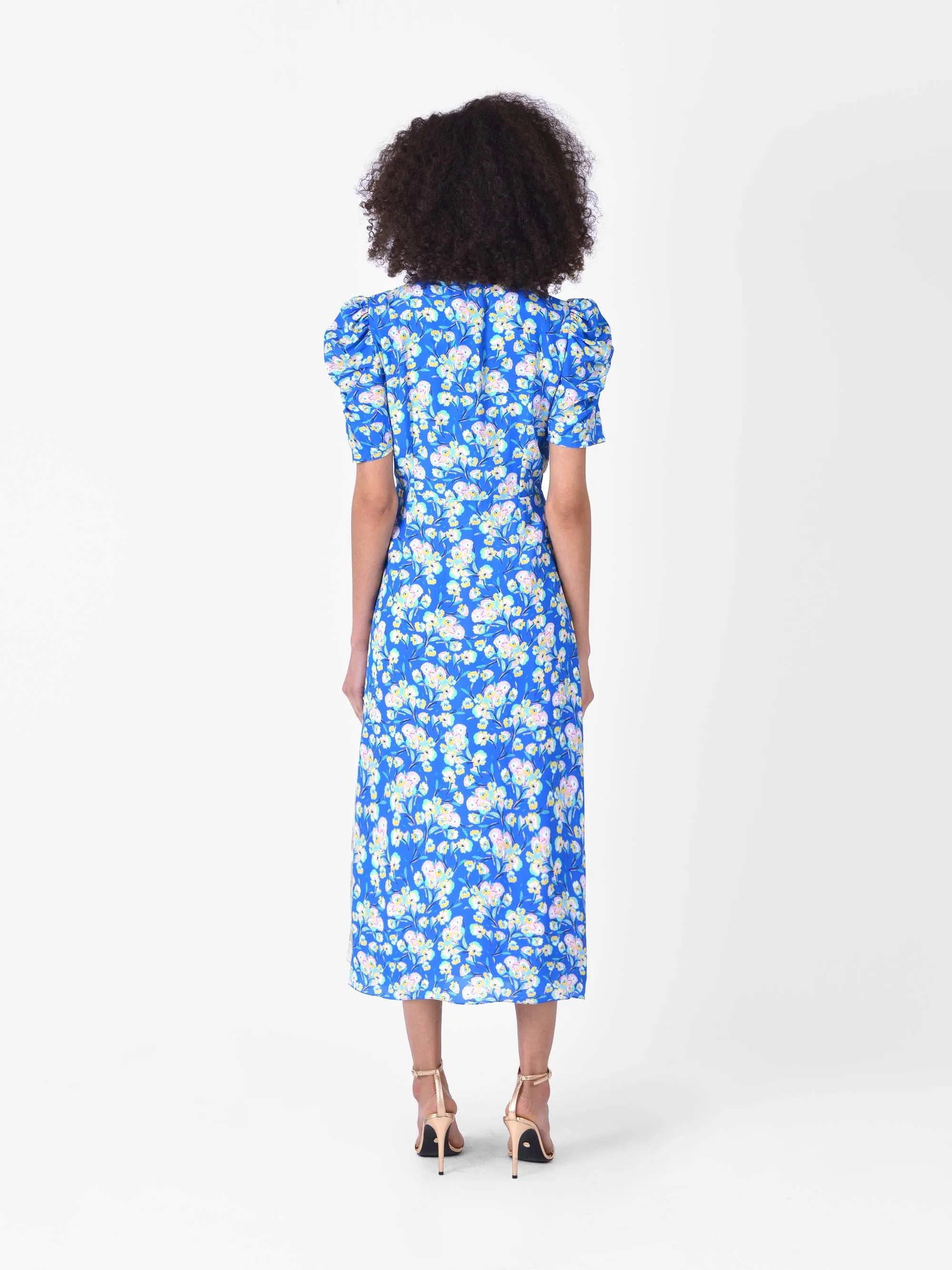 Blue Floral Ruffle Front Midi Dress