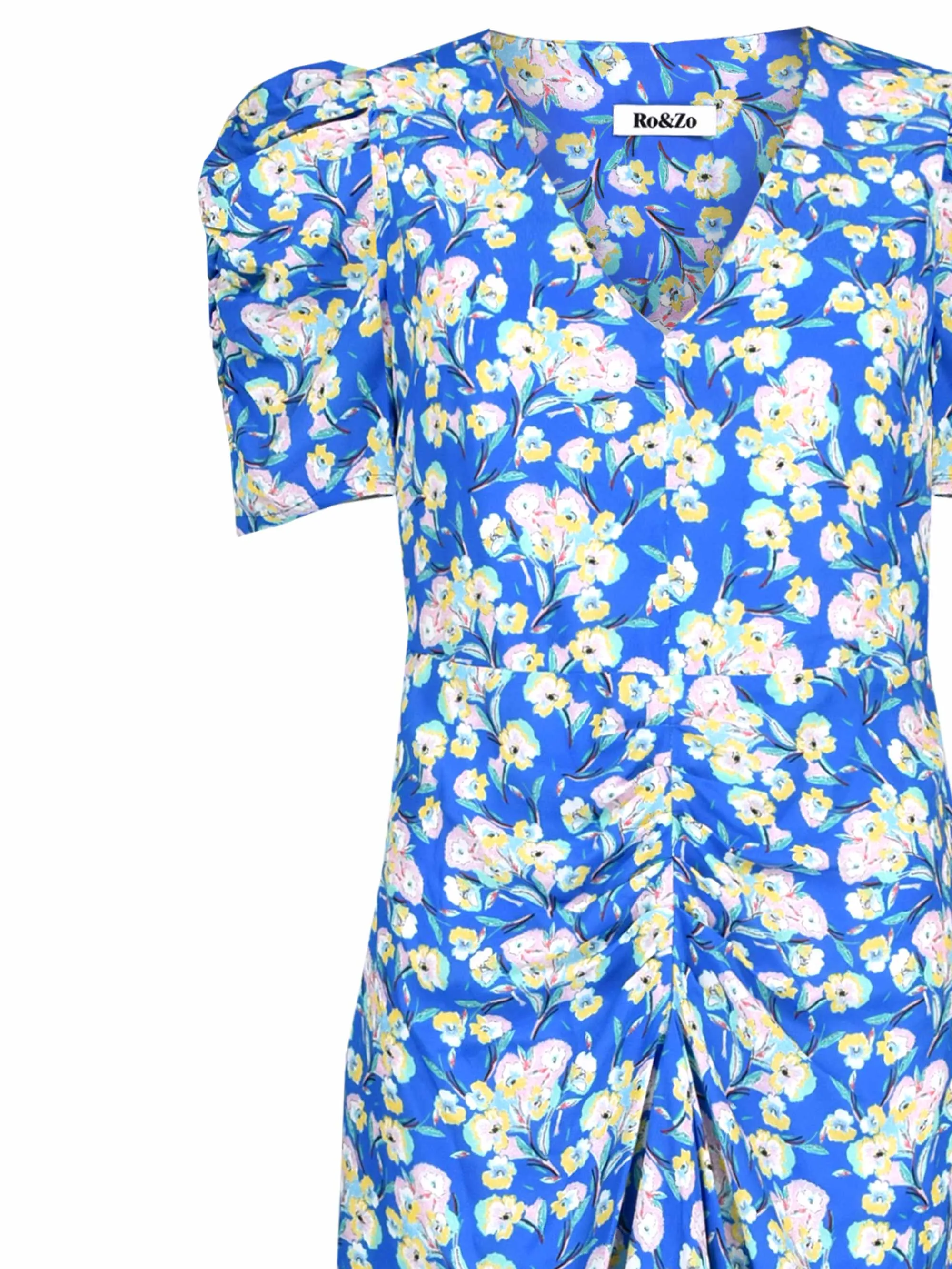 Blue Floral Ruffle Front Midi Dress