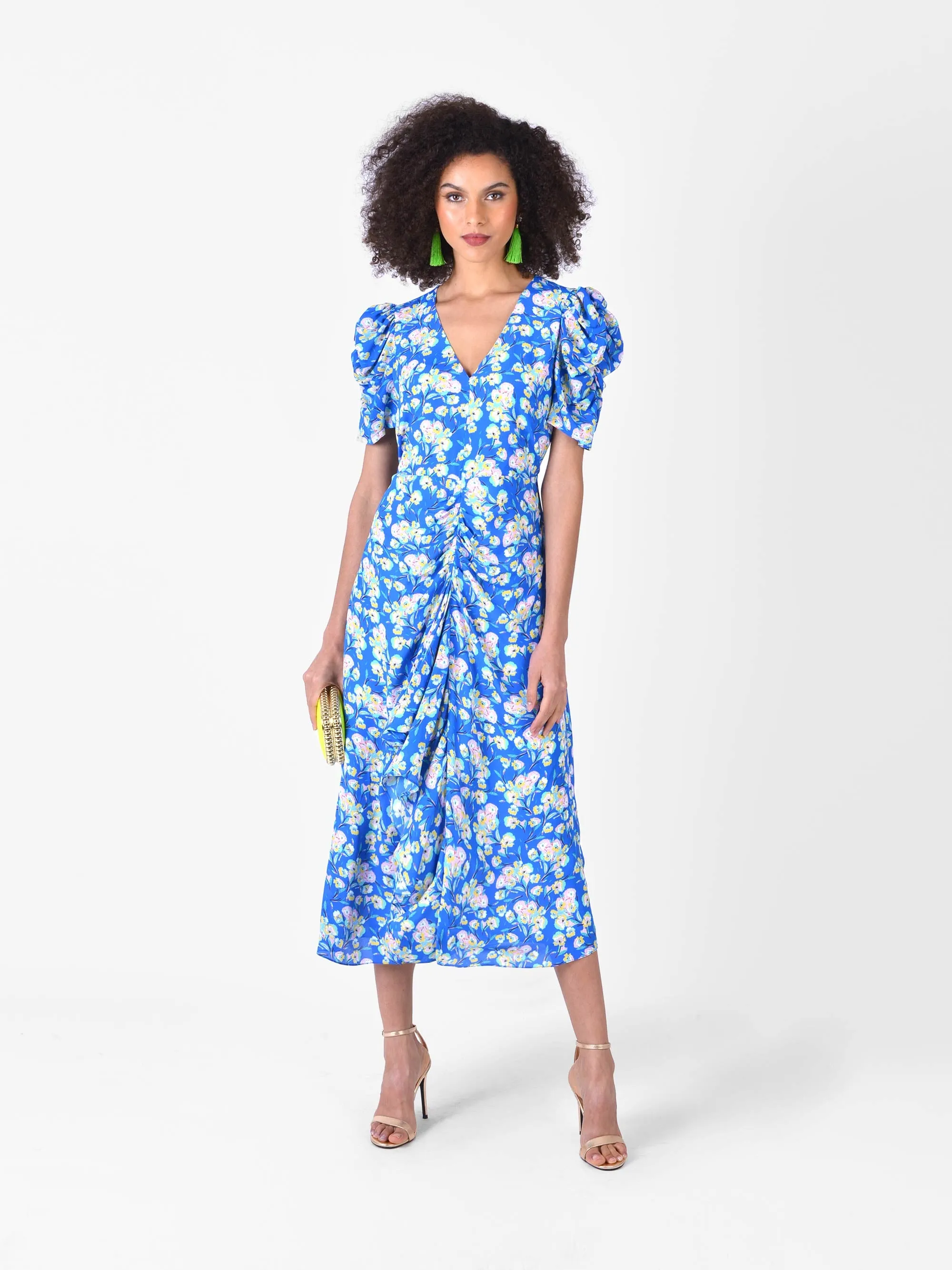 Blue Floral Ruffle Front Midi Dress