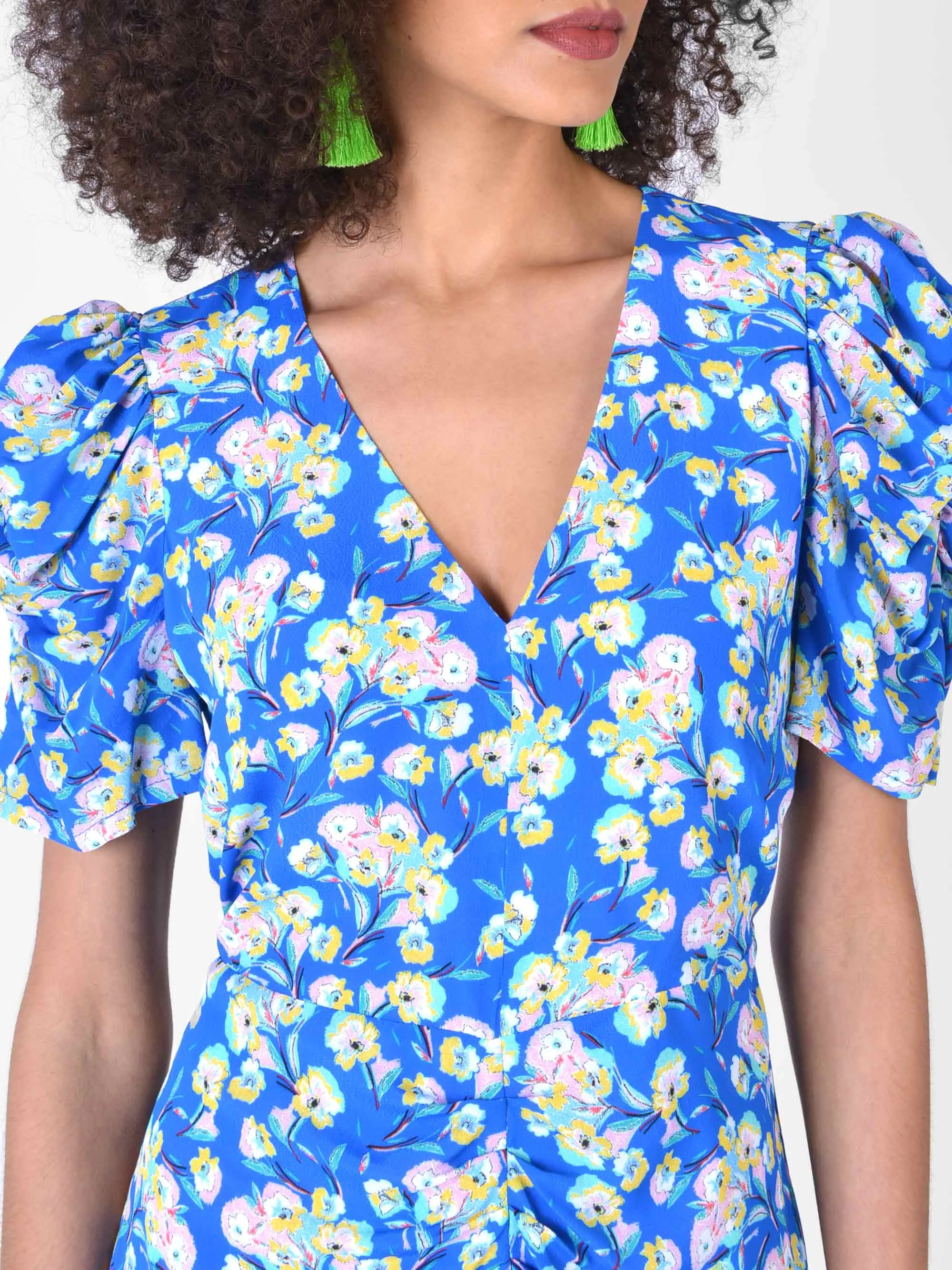 Blue Floral Ruffle Front Midi Dress