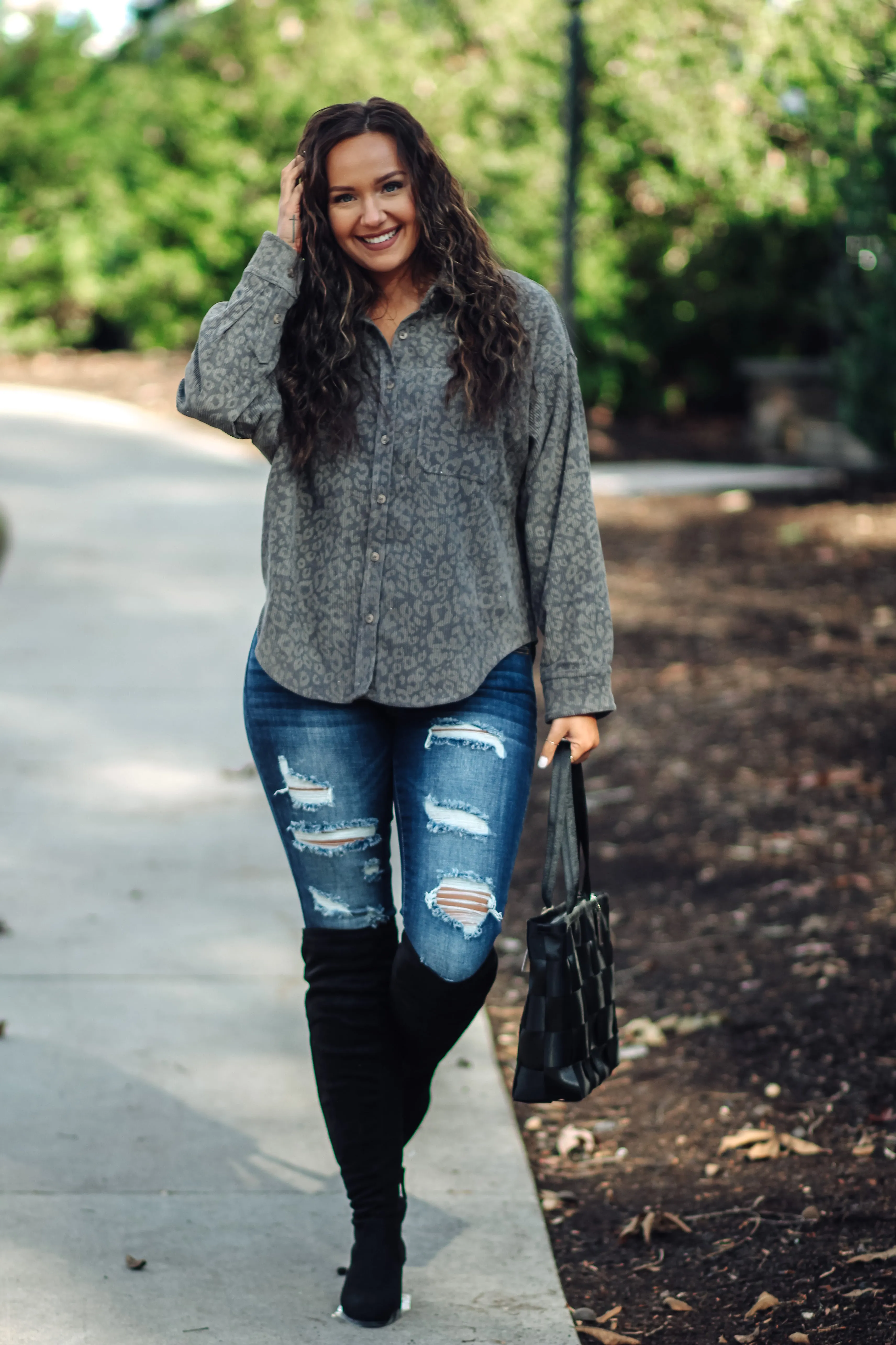 Charcoal Leopard Corduroy Button Down Top