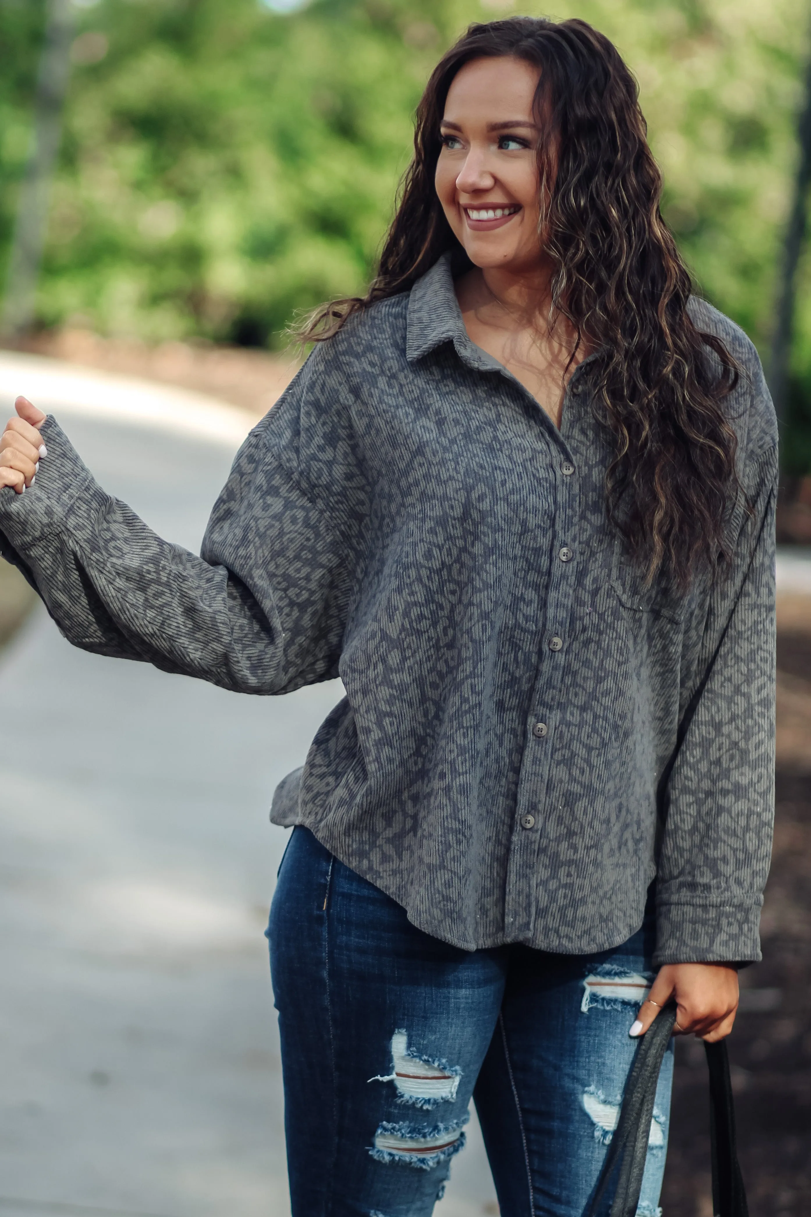 Charcoal Leopard Corduroy Button Down Top