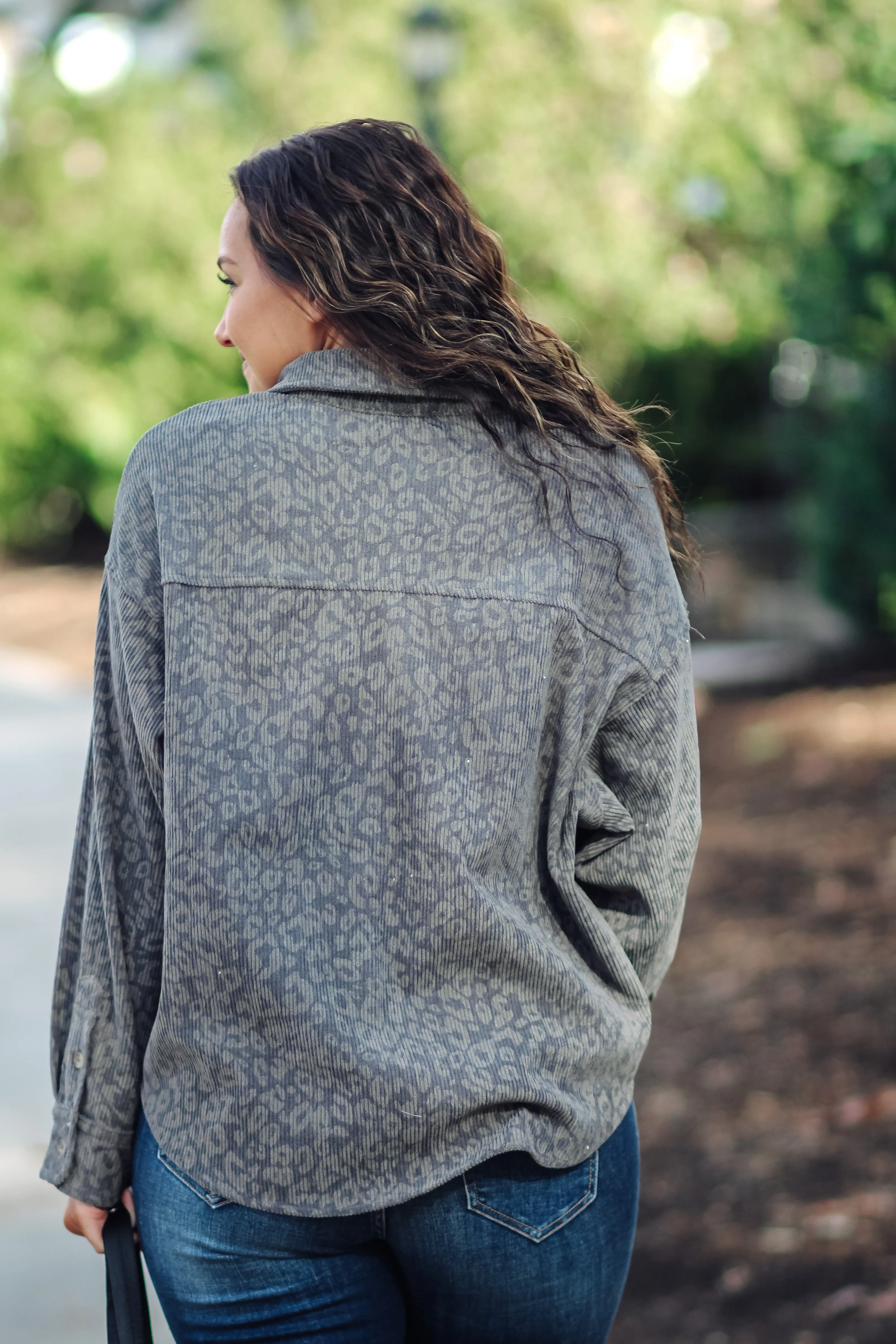 Charcoal Leopard Corduroy Button Down Top
