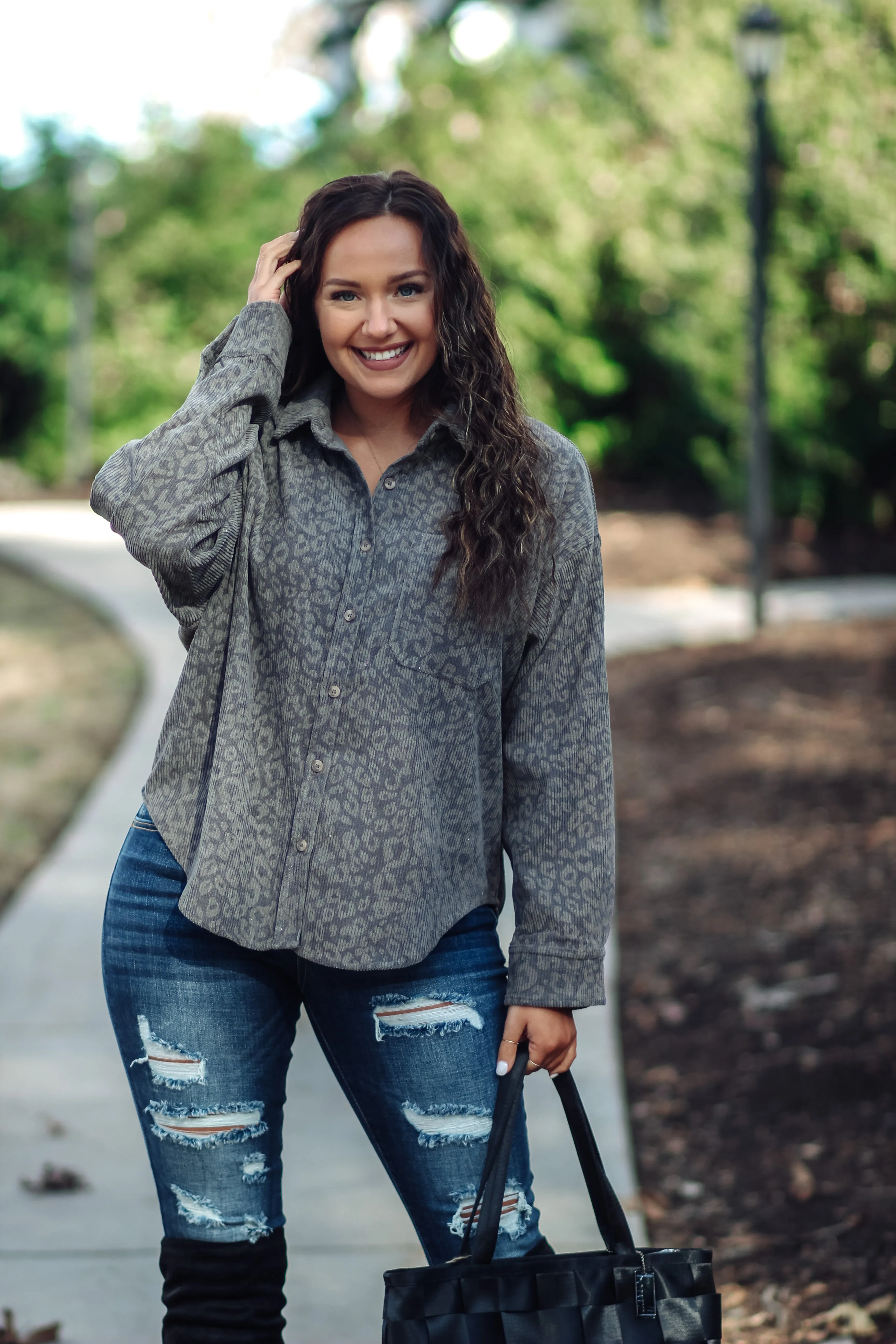 Charcoal Leopard Corduroy Button Down Top