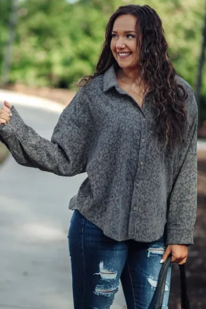 Charcoal Leopard Corduroy Button Down Top