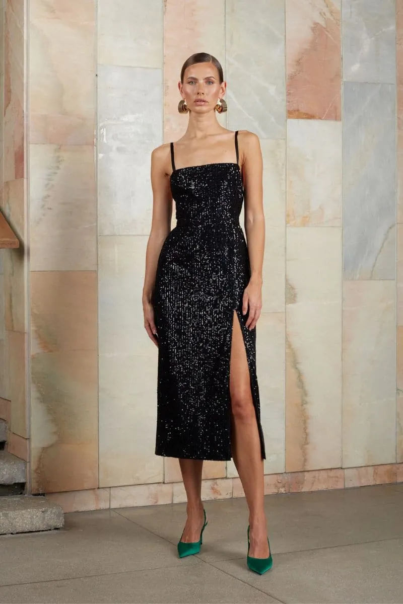 CHLOE BLACK SEQUIN MIDI DRESS