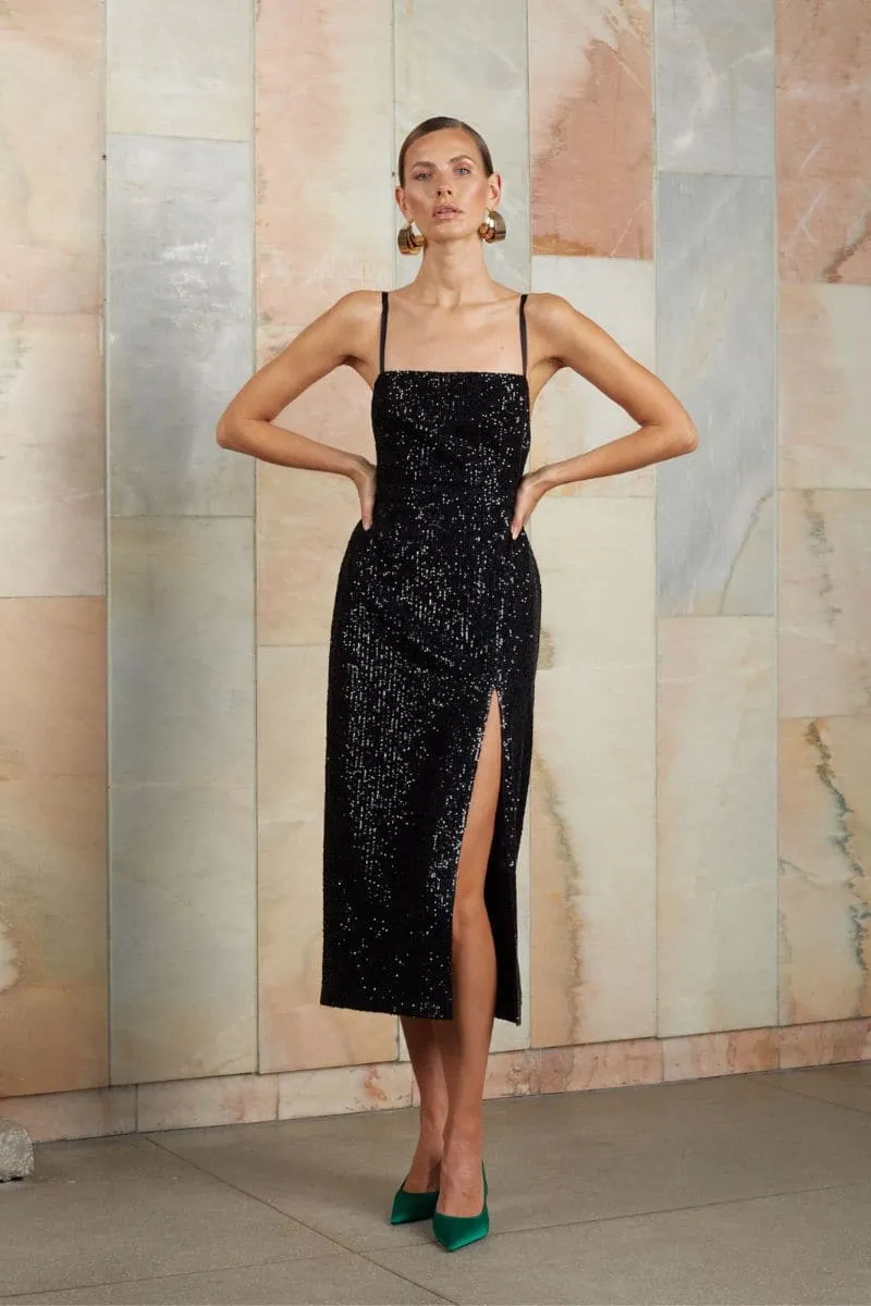 CHLOE BLACK SEQUIN MIDI DRESS