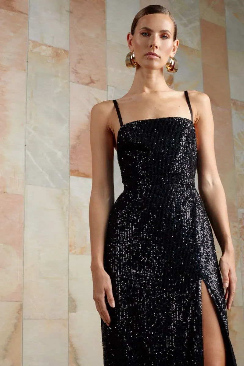 CHLOE BLACK SEQUIN MIDI DRESS