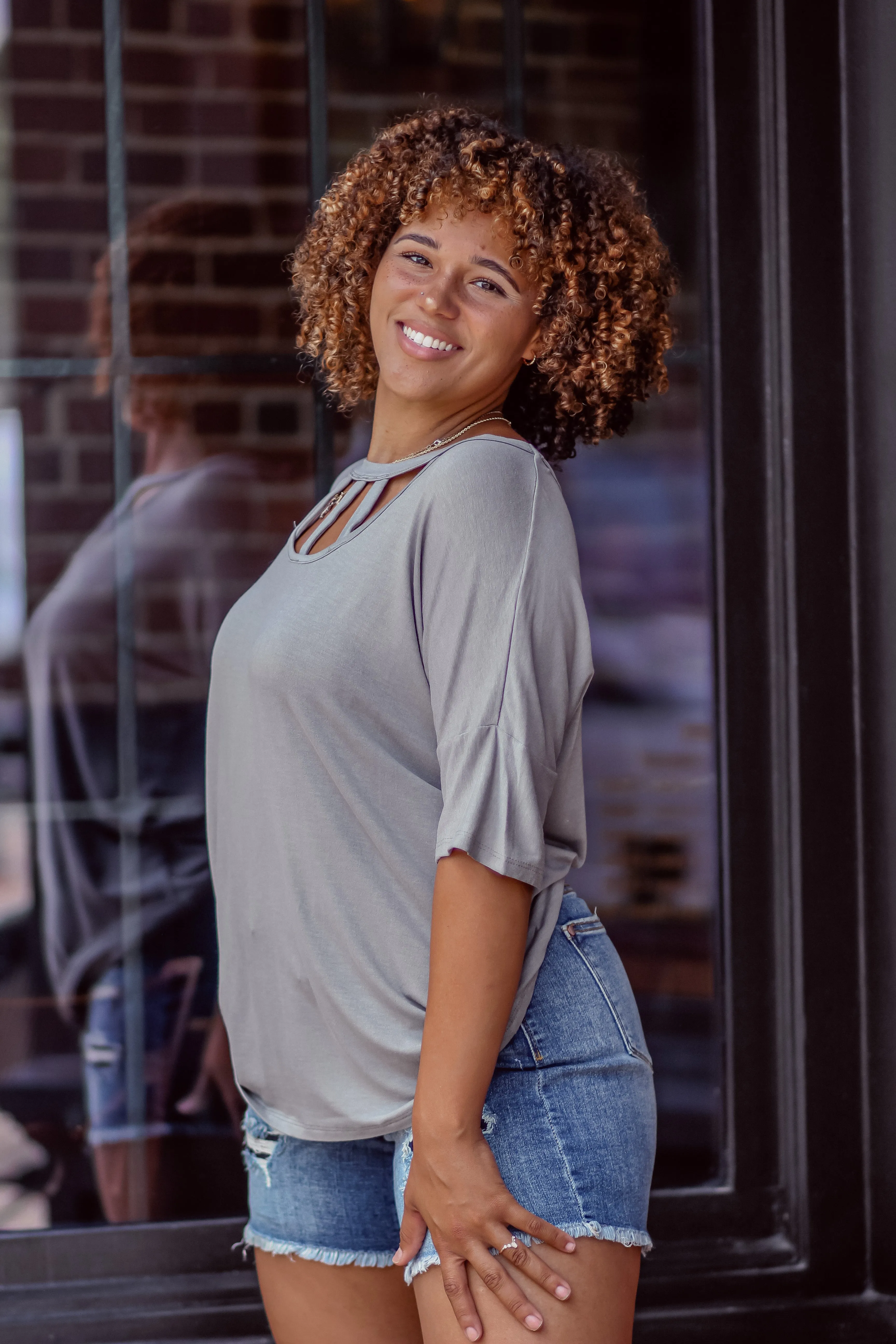 Grey Strappy Neck Short Sleeve Top