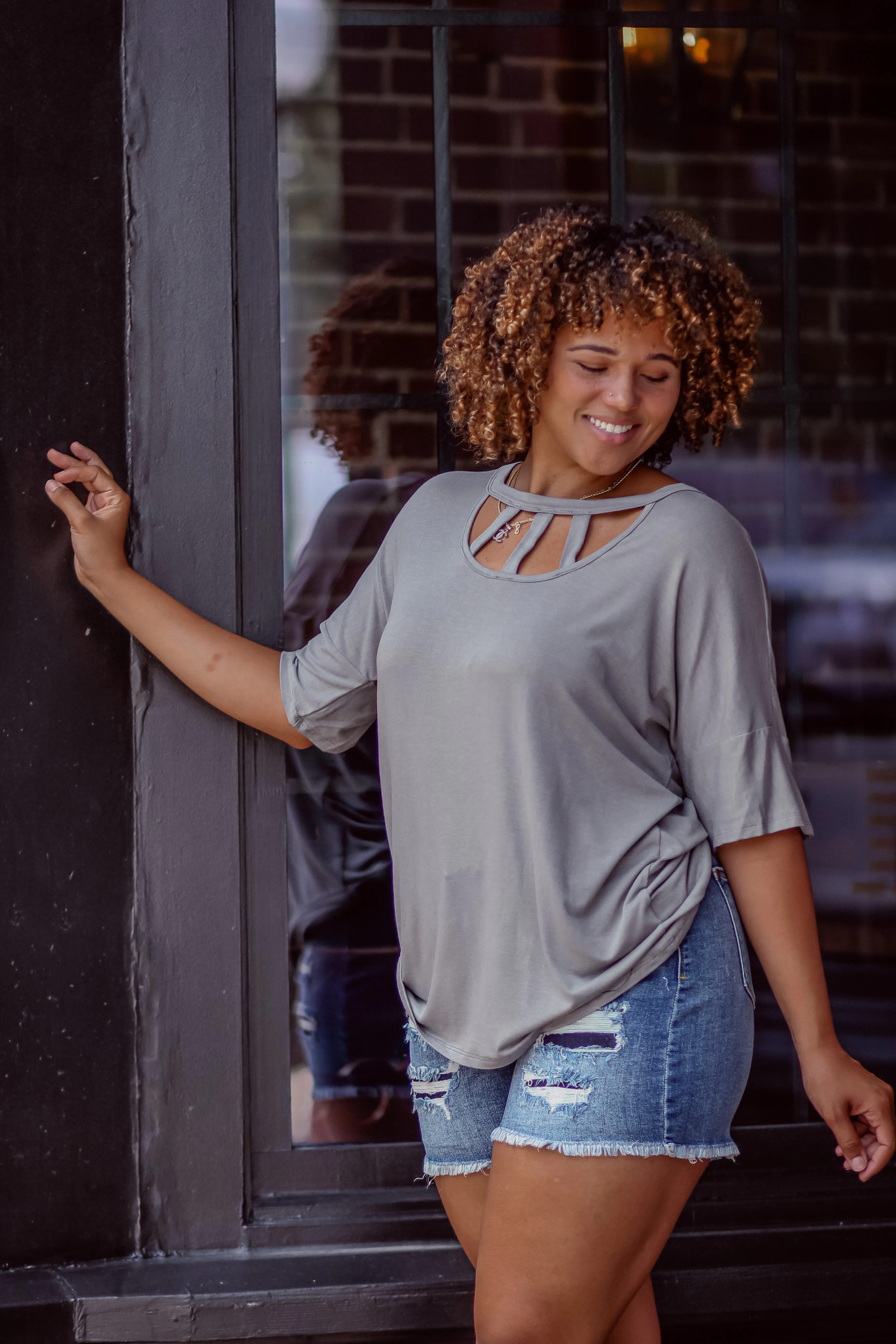 Grey Strappy Neck Short Sleeve Top