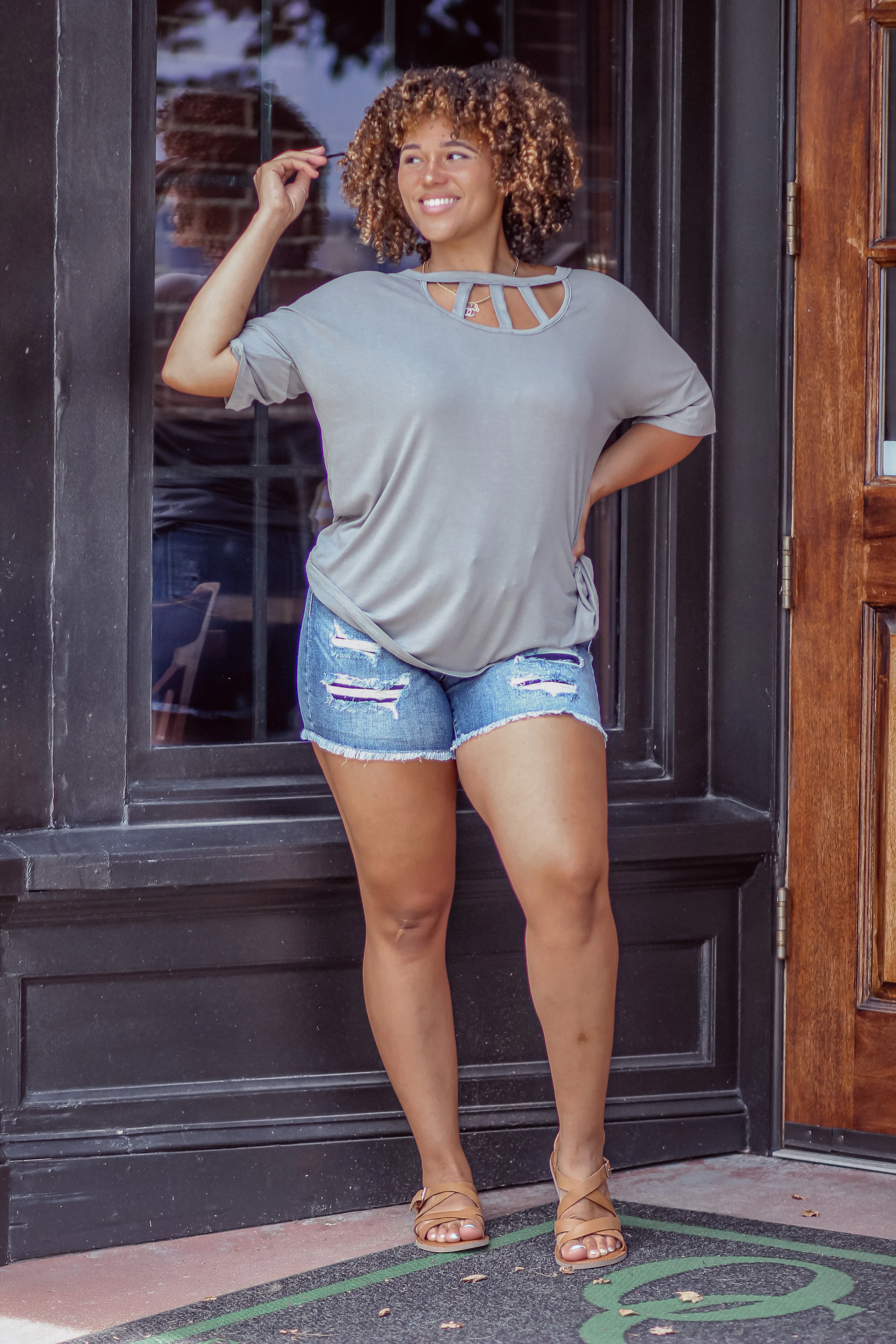 Grey Strappy Neck Short Sleeve Top