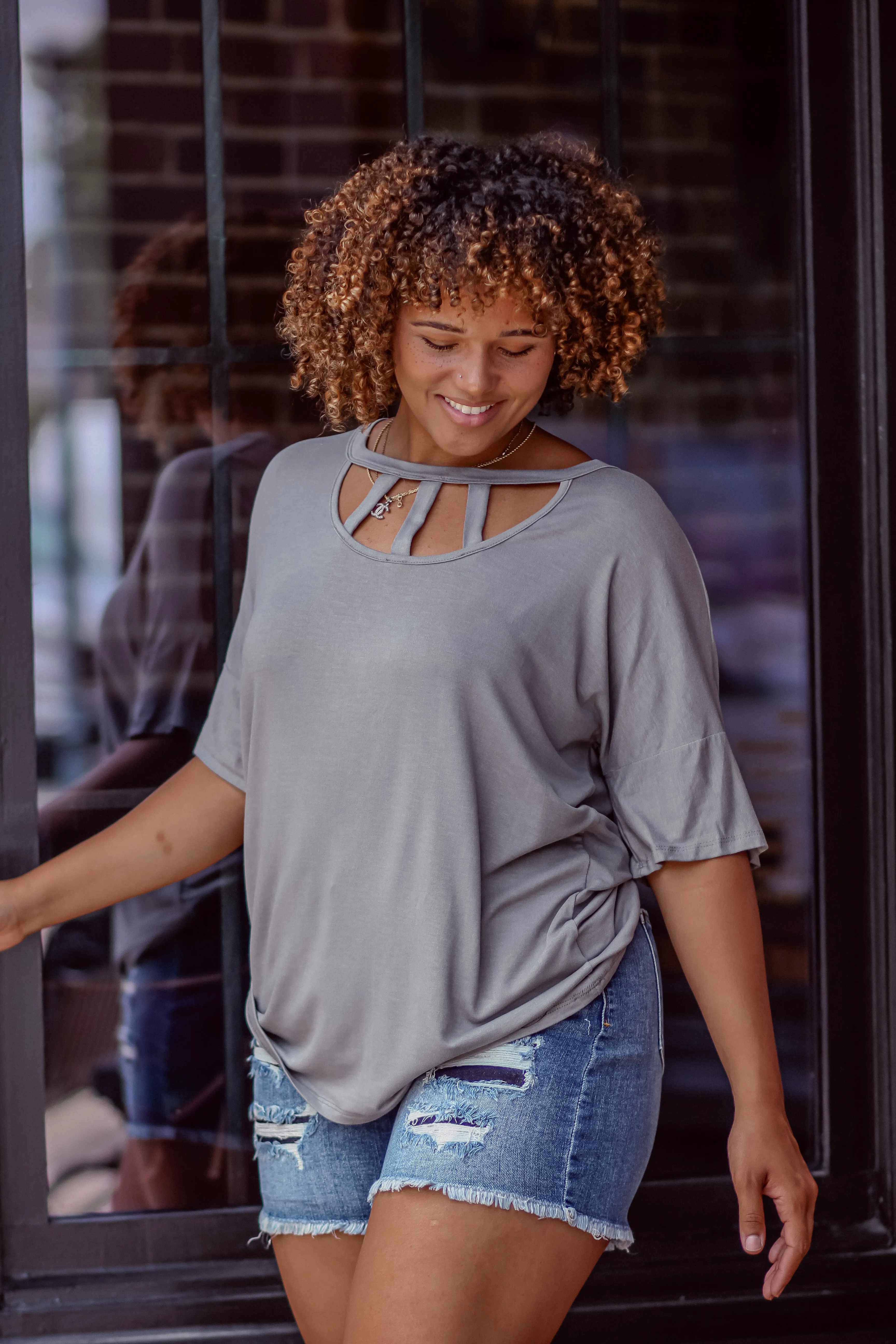 Grey Strappy Neck Short Sleeve Top