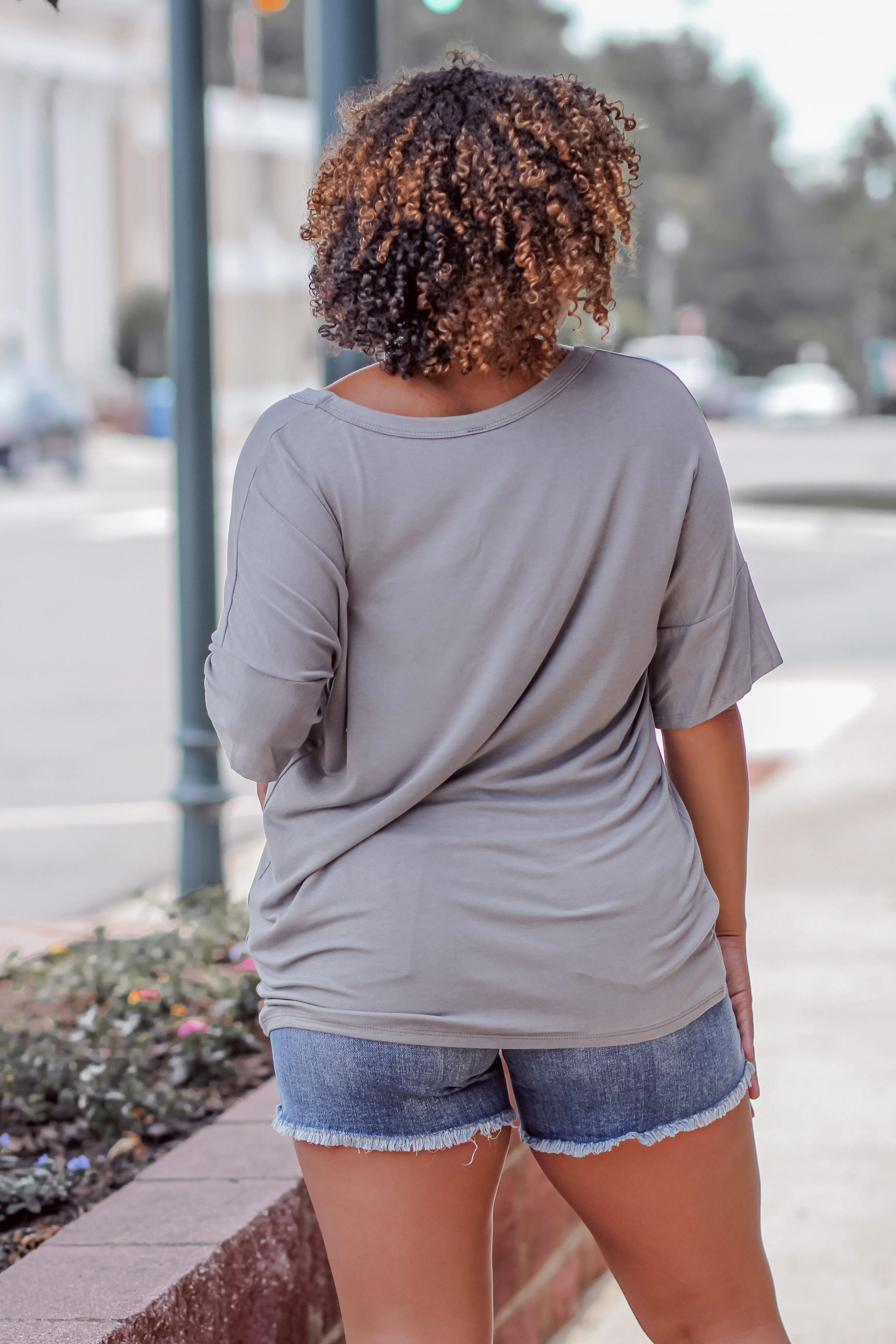 Grey Strappy Neck Short Sleeve Top