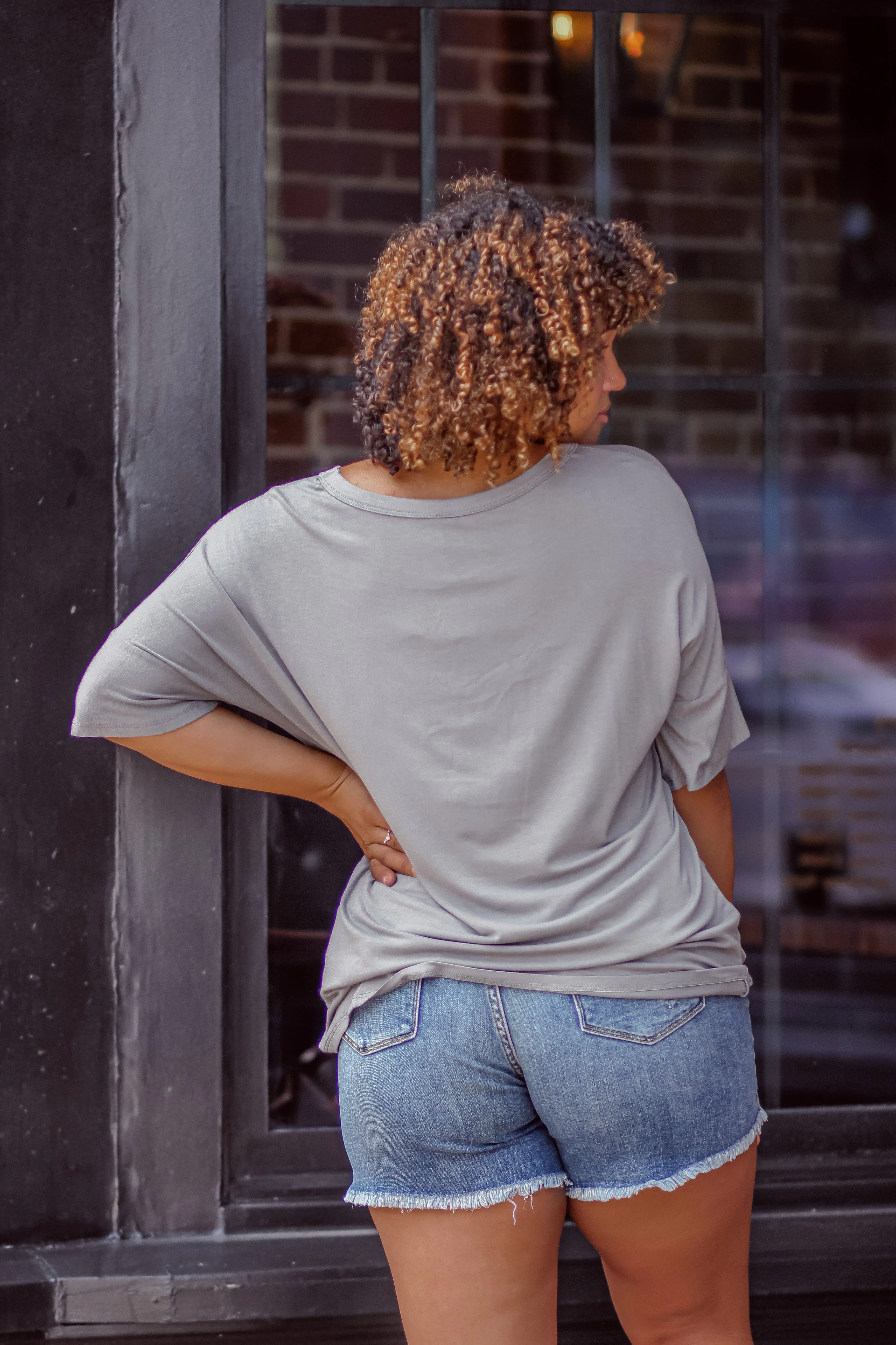 Grey Strappy Neck Short Sleeve Top