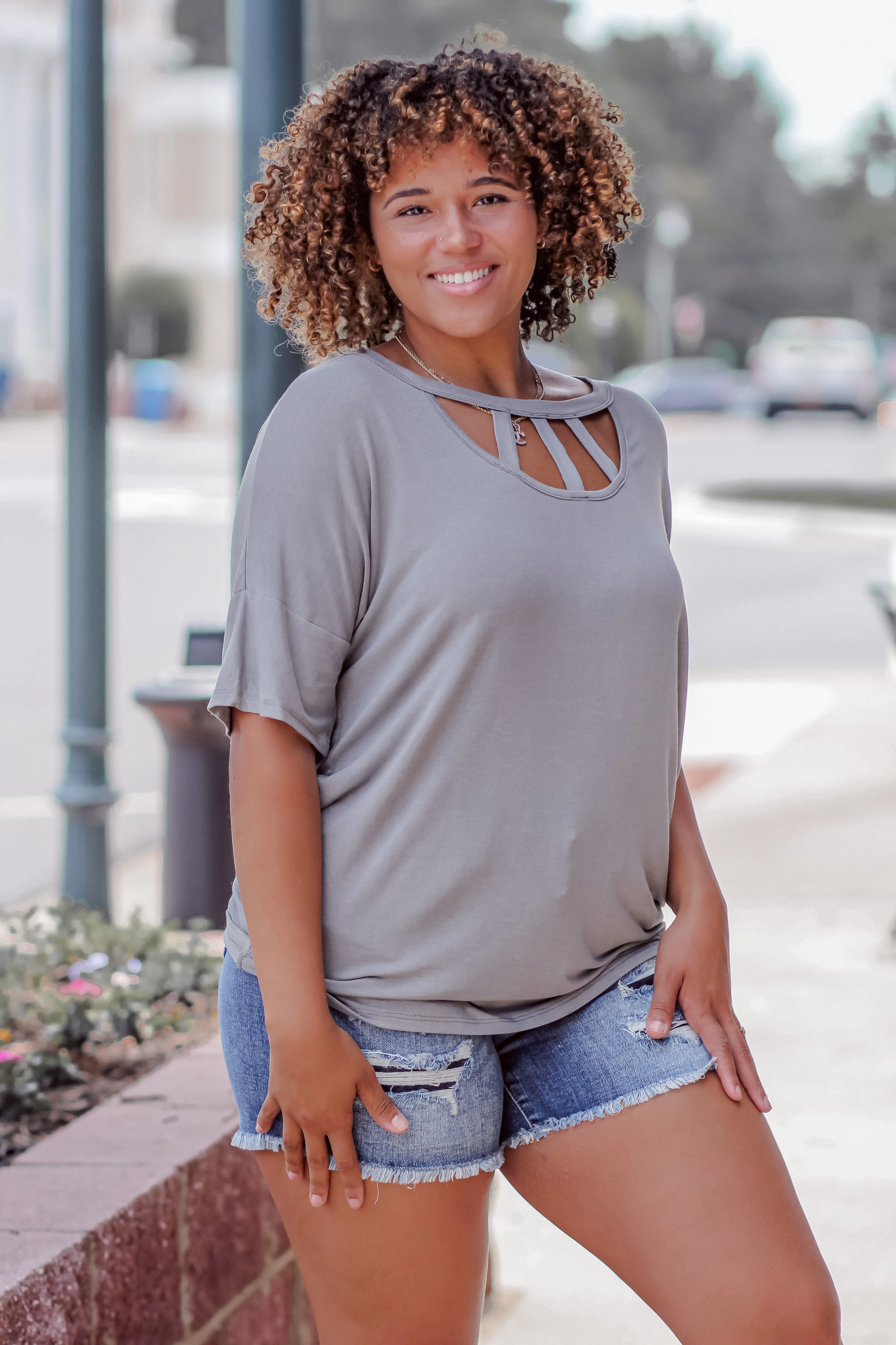 Grey Strappy Neck Short Sleeve Top