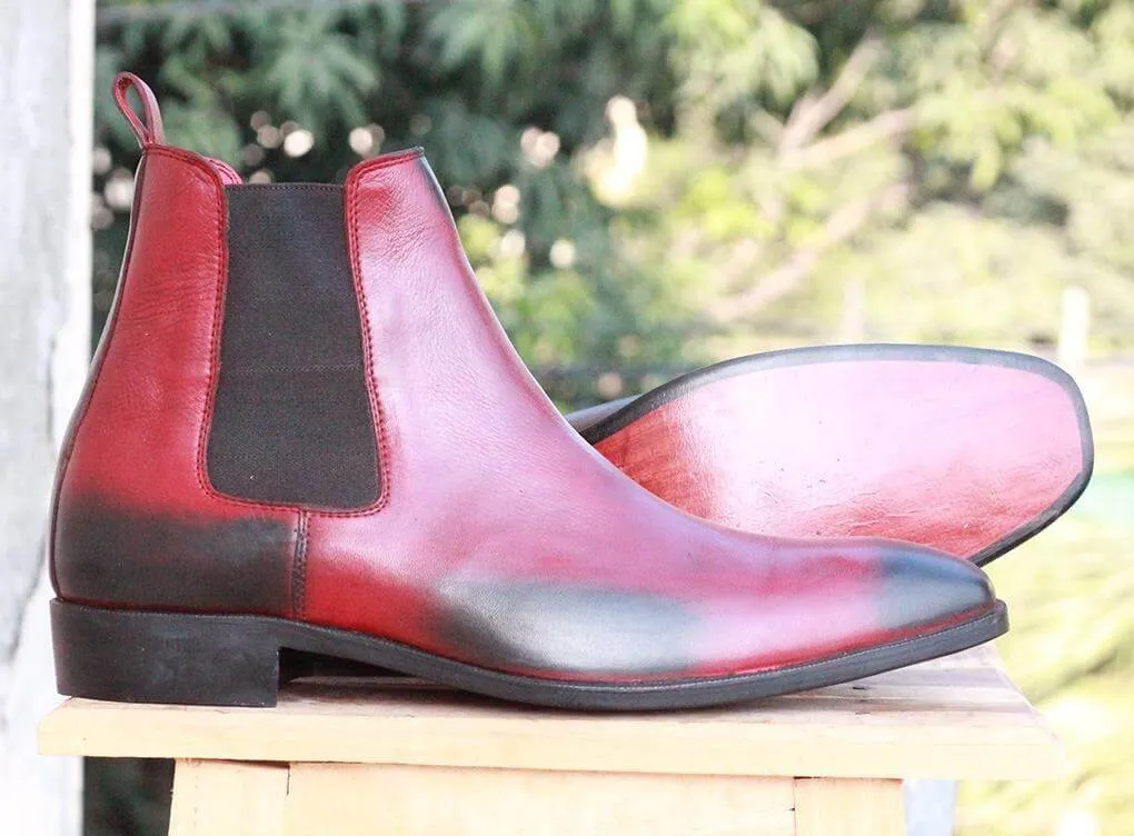 Handmade Black Burgundy Leather Chelsea Boots