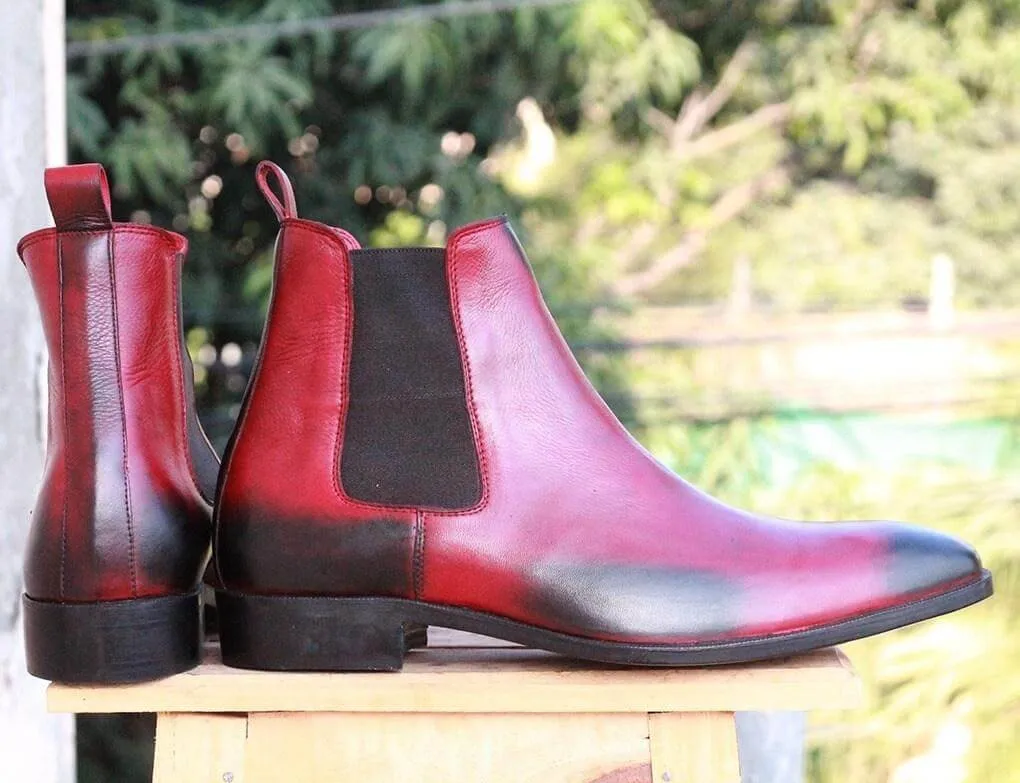 Handmade Black Burgundy Leather Chelsea Boots