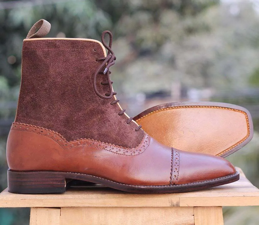 Handmade Brown Ankle Cap Toe Leather Suede Boot