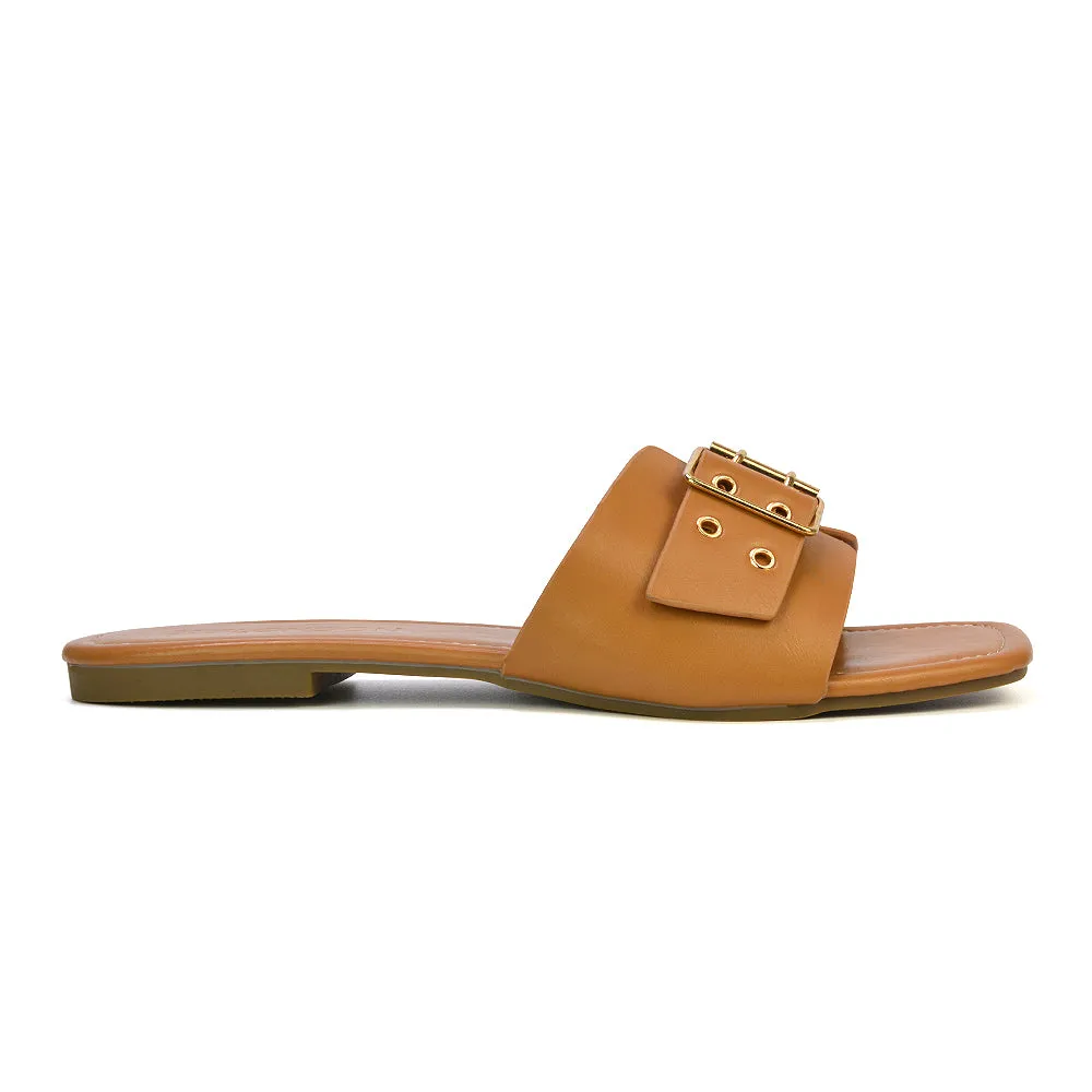 Inez Square Toe Slip On Strappy Flat Sandals With Buckle in Silver
