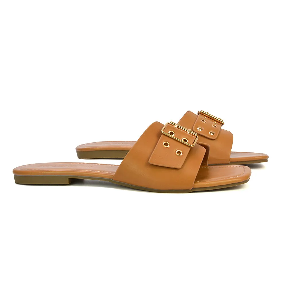 Inez Square Toe Slip On Strappy Flat Sandals With Buckle in Silver
