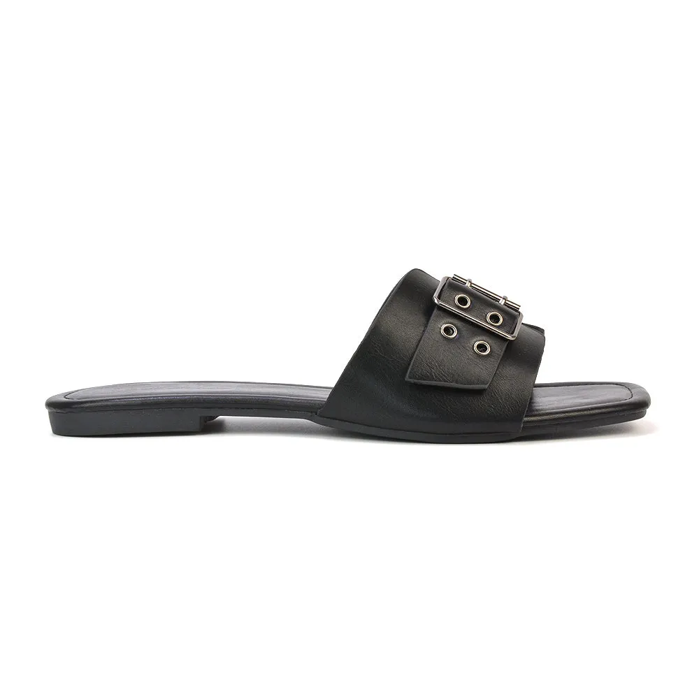 Inez Square Toe Slip On Strappy Flat Sandals With Buckle in Silver