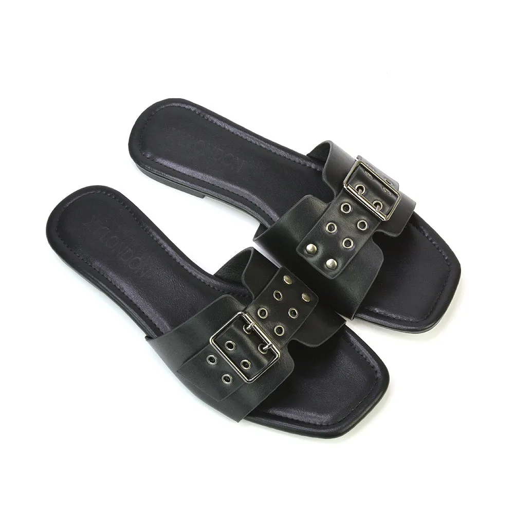 Inez Square Toe Slip On Strappy Flat Sandals With Buckle in Silver