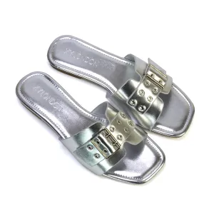 Inez Square Toe Slip On Strappy Flat Sandals With Buckle in Silver