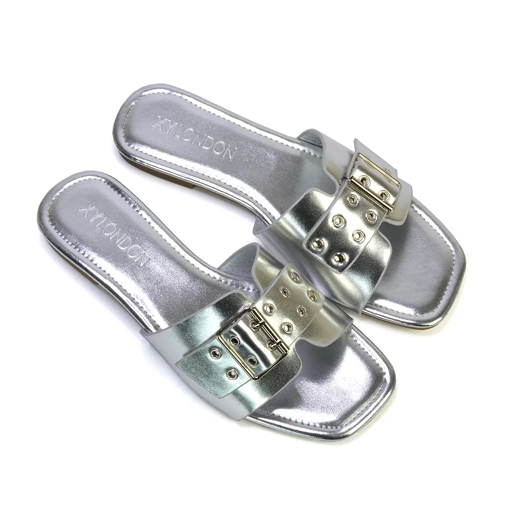 Inez Square Toe Slip On Strappy Flat Sandals With Buckle in Silver