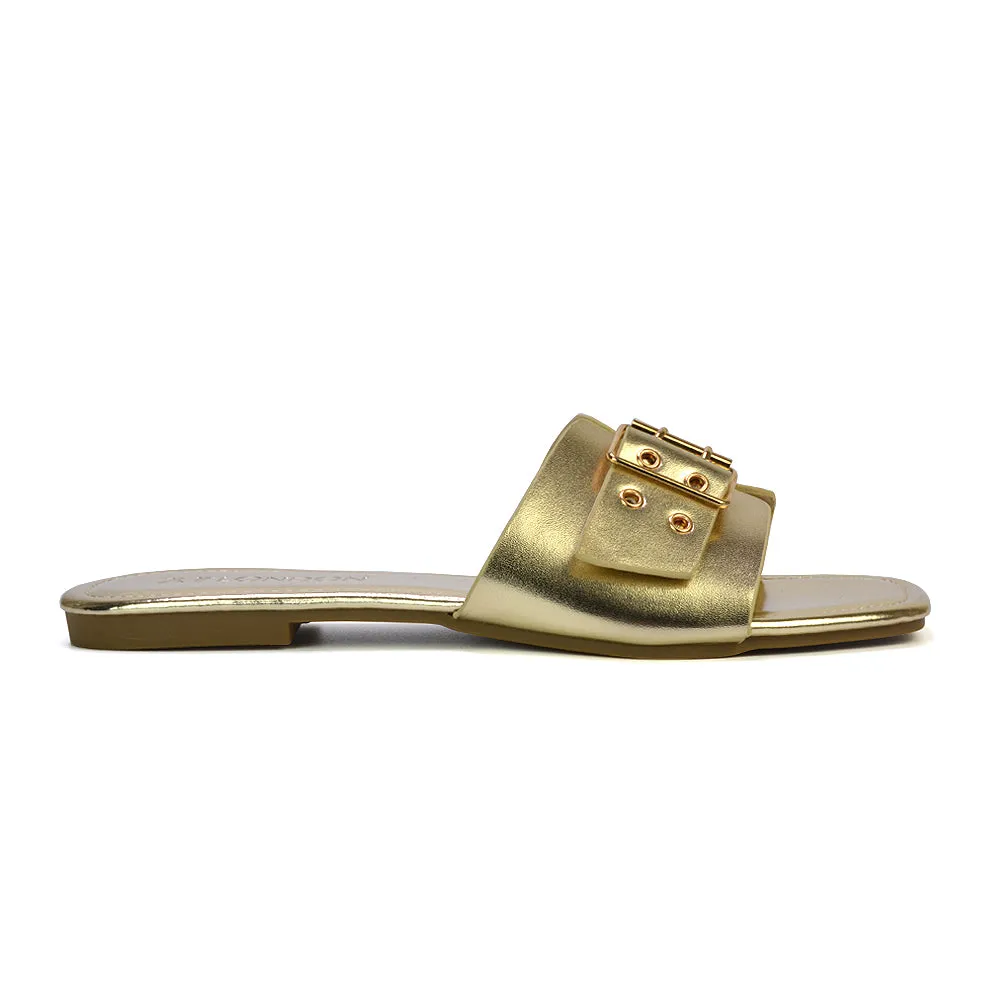 Inez Square Toe Slip On Strappy Flat Sandals With Buckle in Silver