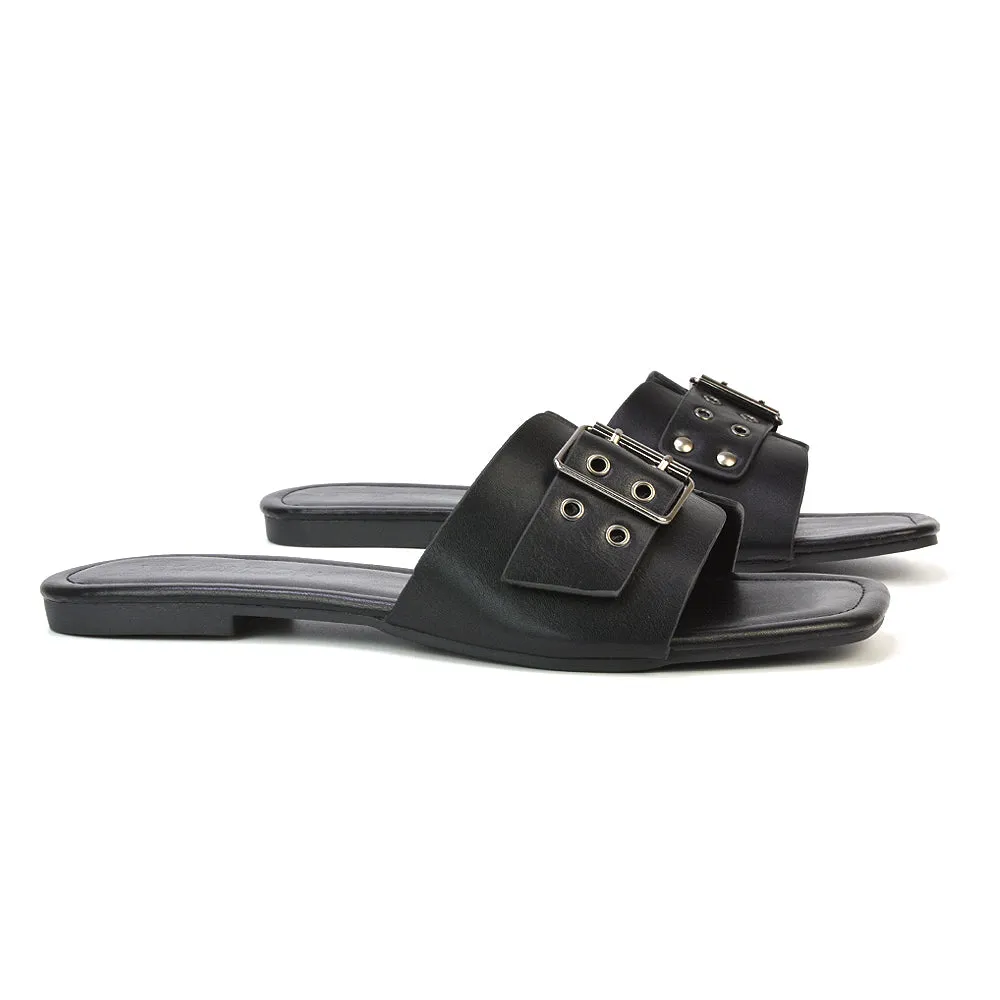 Inez Square Toe Slip On Strappy Flat Sandals With Buckle in Silver