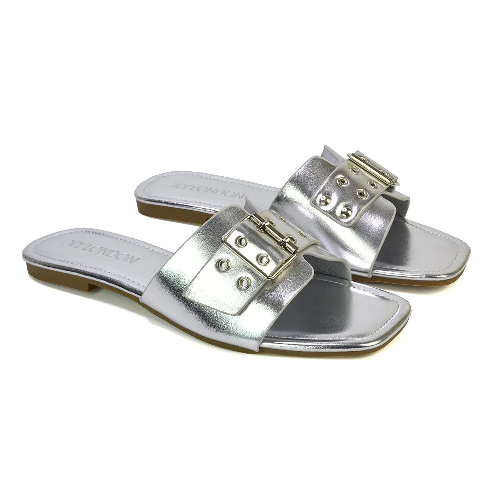 Inez Square Toe Slip On Strappy Flat Sandals With Buckle in Silver