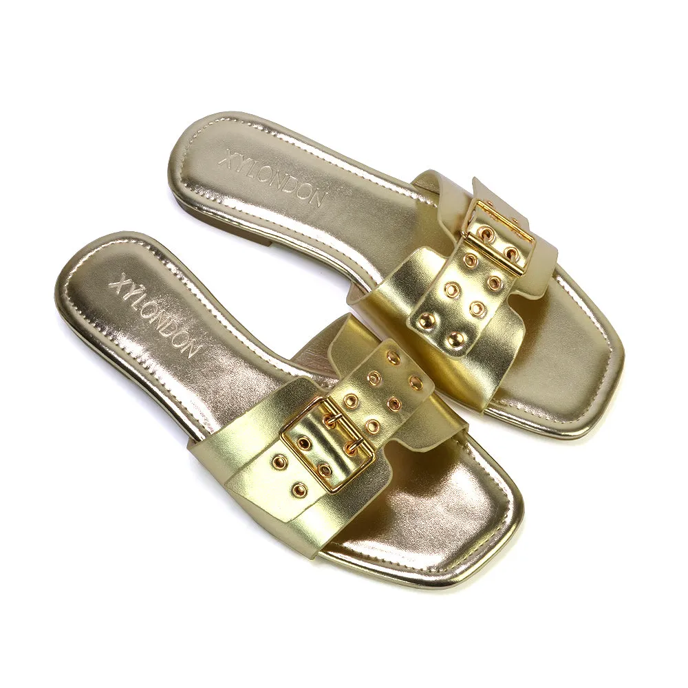 Inez Square Toe Slip On Strappy Flat Sandals With Buckle in Silver