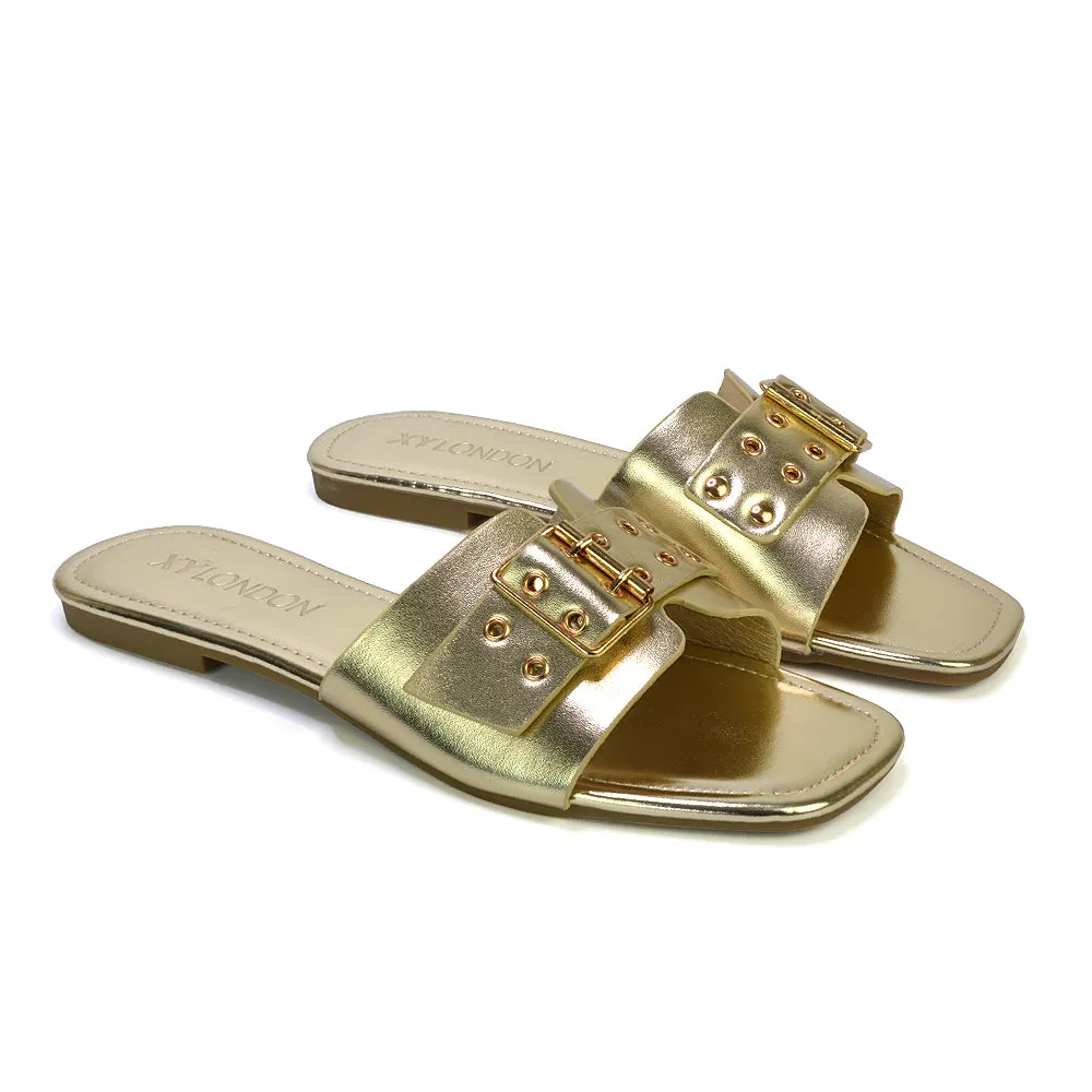 Inez Square Toe Slip On Strappy Flat Sandals With Buckle in Silver