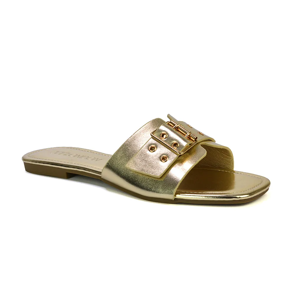 Inez Square Toe Slip On Strappy Flat Sandals With Buckle in Silver