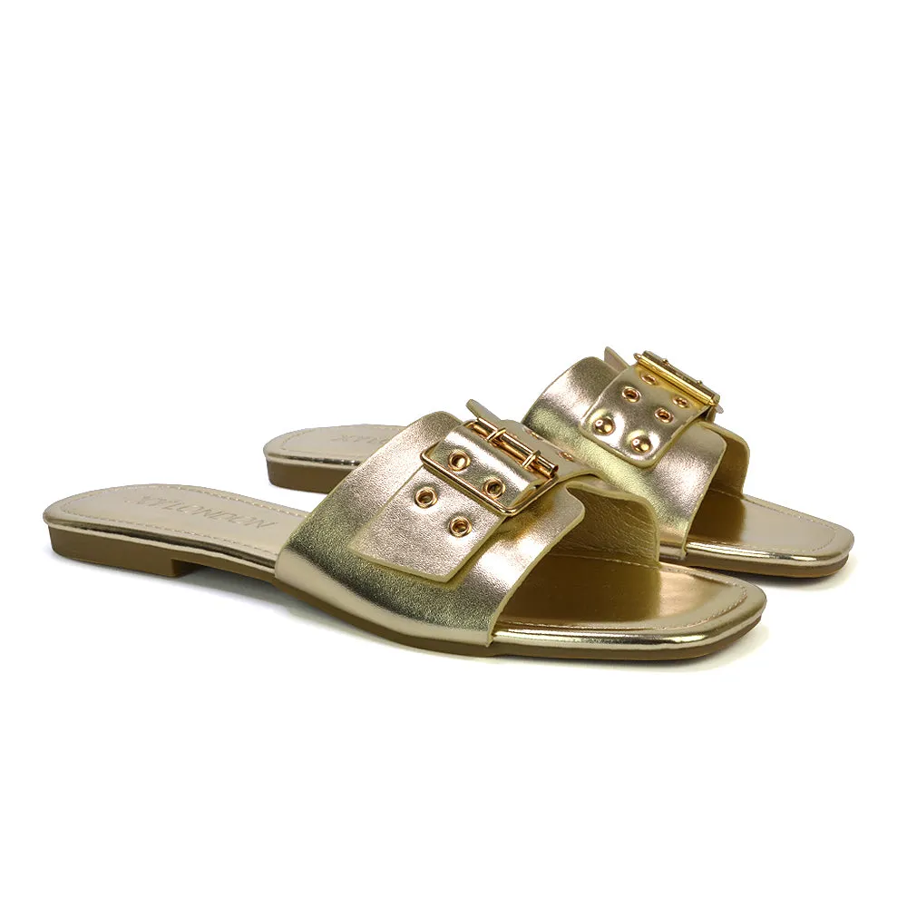 Inez Square Toe Slip On Strappy Flat Sandals With Buckle in Silver